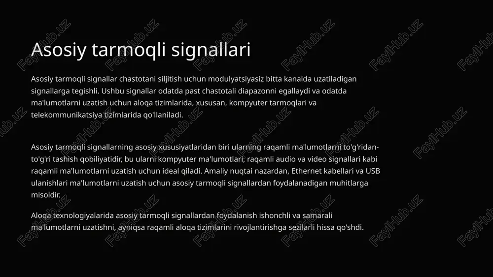 ysmik to'lqinlar kabi haqiqiy dunyo hodisalarida uchraydi. bu oldindan aytib bo'lmaydigan narsa ma'lumotlarni uzatish va qabul qilish uchun noyob qiyinchiliklarni keltirib chiqaradi. 2 ma'lumot uzatish ushbu signallar ma'lum ma'lumotlarni uzatish uchun ishlatiladi va ular ko'pincha mazmunli ma'lumotlarni olish uchun ilg'or signalni qayta ishlash usullarini talab qiladi. aloqa tizimlarida aperiodik signallar telekommunikatsiyadagi ovozli va audio signallardan raqamli aloqada takrorlanmaydigan ma'lumotlar namunalarigacha bo'lgan keng doiradagi ma'lumotlarni olib yuradi. ularning tabiati samarali uzatish uchun murakkab modulyatsiya va demodulyatsiya usullarini talab qiladi. 3 haqiqiy dunyo ilovalari aperiodik signallar simsiz aloqa, audio ishlov berish va axborot nazariyasi kabi turli sohalarda hal qiluvchi rol o'ynaydi. ushbu signallarni tushunish va samarali qayta ishlash uyali tarmoqlar, nutqni aniqlash tizimlari va ma'lumotlarni shifrlash kabi texnologiyalar uchun juda muhimdir. aperiodik signallarning o'ziga xos xususiyatlari ularni ma'lumotlarni uzatish va aloqa qilishning qiziqarli va qiyin jihatiga aylantiradi. 7 doimiy signallar ta'rifi va xususiyatlari uzluksiz signallar doimo o'zgarib turadi va ma'lum diapazonda istalgan …