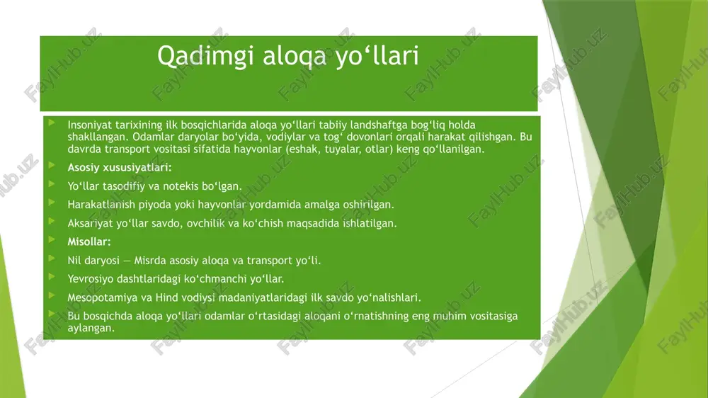 o‘rin egallab kelgan. qadimda tabiiy yo‘llar, keyinchalik buyuk ipak yo‘li, o‘rta asr karvon yo‘llari orqali savdo va madaniyat almashinuvi rivojlangan. yangi davrda sanoat inqilobi natijasida temiryo‘llar, telegraf va telefon paydo bo‘ldi. xx–xxi asrlarda esa raqamli texnologiyalar, internet, mobil aloqa, sun’iy yo‘ldoshlar yordamida global aloqa tizimi shakllandi. o‘zbekistonda ham aloqa yo‘llari kengaytirilib, zamonaviy transport va axborot tizimlari joriy qilinmoqda. xulosa qilib aytganda, aloqa yo‘llarining rivojlanishi jamiyat taraqqiyotini tezlashtirgan, xalqaro aloqalarni mustahkamlagan va insonlar hayotini yengillashtirgan. foydalanilgan adabiyotlar karimov i.a. yuksak ma’naviyat – yengilmas kuch. – t.: ma’naviyat, 2008. rahmonov a. transport tizimlari tarixi. – t.: o‘zbekiston milliy ensiklopediyasi, 2016. abdullaev h. buyuk ipak yo‘li tarixi. – samarqand: registon nashriyoti, 2019. bozorov m. o‘zbekiston geografiyasi. – t.: o‘qituvchi, 2020. jahon tarixi (i qism). – t.: g‘afur g‘ulom nomidagi nashriyot, 2021. qosimov b. xxi asr texnologiyalari va aloqa. – t.: innovatsiya, 2022. aloqa va axborot texnologiyalari asoslari (o‘quv qo‘llanma). – t.: tdpu nashriyoti, …