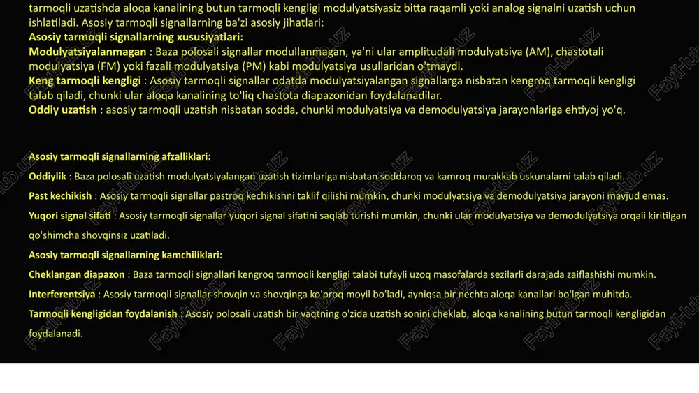 sul. modulyatsiya jarayoni analog signallarni odatda raqamli uzatish uchun mo'ljallangan aloqa kanallari orqali uzatish imkonini beradi. analog modulyatsiyaning ba'zi asosiy jihatlari: analog modulyatsiya turlari: amplituda modulyatsiyasi (am) : tavsif : amda tashuvchi signalining amplitudasi modulyatsiya qiluvchi signalning amplitudasiga mutanosib ravishda o'zgaradi (odatda audio signal). ilovalar : am odatda radio eshittirishda ovoz va musiqa signallarini uzatish uchun ishlatiladi. chastotani modulyatsiya qilish (fm) : tavsif : fm da tashuvchi signalning chastotasi modulyatsiya qiluvchi signalning amplitudasiga mutanosib ravishda o'zgaradi. ilovalar : fm radioeshittirishda keng qo'llaniladi, ayniqsa yuqori aniqlikdagi musiqa uzatish uchun. fazali modulyatsiya (pm) : tavsif : pmda tashuvchi signalning fazasi modulyatsiya qiluvchi signalning amplitudasiga qarab o'zgaradi. ilovalar : pm ba'zi aloqa tizimlarida, radar tizimlarida va sun'iy yo'ldosh aloqalarida qo'llaniladi. 5 analog modulyatsiyaning kamchiliklari: shovqinga sezgirlik : analog signallar shovqin va shovqinlarga ko'proq moyil bo'lib, uzatiladigan signal sifatini yomonlashtirishi mumkin. cheklangan tarmoqli kengligi : analog modulyatsiya odatda raqamli modulyatsiya texnikasiga nisbatan ko'proq tarmoqli …