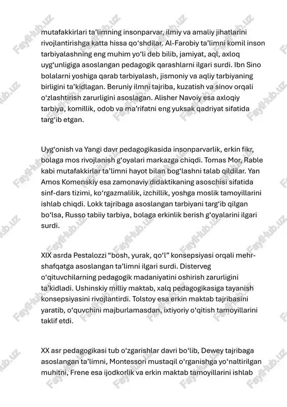 integratsiyasi esa o‘quvchilarni amaliy faoliyatga, loyihaviy fikrlashga va kreativ yechimlarga yo‘naltiradi. pedagogik g‘oyalarning tarixiy rivojlanishi bugungi ta’lim tizimining shakllanishiga mustahkam zamin yaratdi. qadimgi davrdagi axloqiy tarbiya g‘oyalaridan tortib, komenskiy didaktikasi, dewey pragmatizmi, montessori metodlari hamda zamonaviy raqamli ta’lim konsepsiyalarigacha bo‘lgan jarayon pedagogika fanining uzluksiz taraqqiyotini ifodalaydi. hozirgi kunda ta’limning bosh maqsadi — mustaqil fikrlovchi, kreativ, jamiyatda faol o‘rin egallay oladigan, raqamli ko‘nikmalarga ega barkamol shaxsni tarbiyalashdan iborat. pedagogik g‘oyalarning rivojlanish bosqichlarida stemning o‘rni va undan foydalanish zarurati zamonaviy ta’lim taraqqiyoti insoniyatning ko‘p asrlik pedagogik tajribasiga tayangan holda rivojlanib kelmoqda. har bir davr o‘zining ijtimoiy-iqtisodiy ehtiyojlari asosida yangi ta’lim tamoyillarini shakllantirgan bo‘lsa, xxi asrda pedagogik g‘oyalarning muhim yo‘nalishlaridan biri sifatida stem — science, technology, engineering, mathematics yondashuvi kun tartibiga chiqdi. mazkur yondashuvning shakllanishi va ta’limga kirib kelishi tarixiy jarayonning mantiqiy davomi bo‘lib, pedagogik fikrlar evolyutsiyasida sifat jihatidan yangi bosqichni tashkil etadi. qadimgi sharq va antik davr pedagoglari ta’limni amaliy hayot bilan …