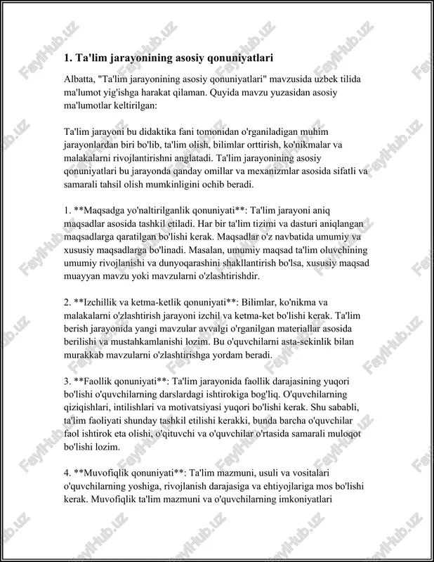 r tomonlama rivojlanishi ta'lim jarayonining asosiy maqsadi qilib qo'yilgan. rivojlantiruvchi ta'lim tamoyili orqali shaxsning qiziqishi, ehtiyojlari va imkoniyatlarini hisobga olish muhimdir. umumiy tamoyillar faqat didaktik jarayonlar bilan cheklanib qolmay, balki pedagoglar faoliyatida ham muhim ahamiyatga ega. ushbu tamoyillarga asosan tuzilgan ta'lim va tarbiya tizimi o'quv jarayonini yanada samarali, tizimli va qiziqarli qiladi. shuningdek, bu prinsipi pedagogika va psixologiya fanlari tarafidan ibrat o'laroq qabul qilinib, zamonaviy ta'lim texnologiyalari va metodikalarining shakllanishida keng qo'llaniladi. ta'lim printsiplari o'quvchilar va o'qituvchilar orasidagi samarali o'zaro aloqani ta'minlab, o'quvchilarning shaxsiy o'sishiga katta hissa qo'shadi. bu jarayon har bir insonning individual rivojlanishi uchun zamin yaratib, butun jamiyatning madaniy va texnologik rivojlanishiga xizmat qiladi. mazkur tamoyillar doimiy ravishda tahlil qilib borilishi va yangi pedagogik yondashuvlar yordamida boyitilib turilishi muhimdir. 3. o'quv jarayonida individualizatsiya qonuni o‘quv jarayonida individualizatsiya qonuni mavzusi ta’lim jarayonini talabalar yoki o‘quvchilarning ehtiyojlari, qobiliyatlari va o‘ziga xosliklariga mos ravishda tashkil etish bilan bog‘liq muhim masalalardan biridir. …