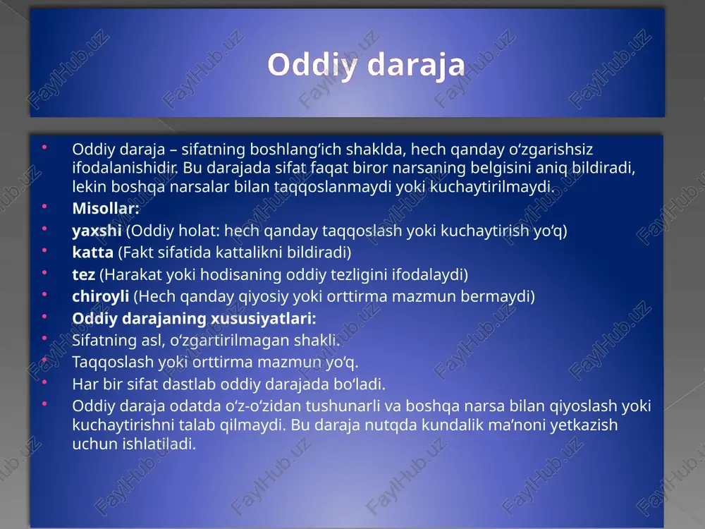 janing qo‘llanilishi: sifatni eng yuqori yoki ta’sirchan darajada ko‘rsatish uchun ishlatiladi. emotsional rang-baranglikni oshiradi. orttirma daraja nutqda predmet yoki hodisaning ustun belgisini aniqroq va ta’sirchanroq ifodalashda muhim ahamiyatga ega. qiyosiy darajadagi qarama-qarshilik qiyosiy darajadagi qarama-qarshilik – bu sifatning qiyosiy darajasida belgi ijobiy yoki salbiy ma’noda ko‘rsatilishi. u biror narsaning belgisini boshqa narsaga nisbatan yuqoriroq yoki pastroq ekanligini ifodalashda qo‘llaniladi. ijobiy shakl biror sifatning yuqori darajada ekanligini bildiradi. masalan: ko‘proq qimmat (bu mashina boshqasiga qaraganda ko‘proq qimmat.) ko‘proq chiroyli (bu uy boshqasiga qaraganda ko‘proq chiroyli.) ko‘proq katta (bu bino boshqasiga qaraganda ko‘proq katta.) salbiy shakl biror sifatning pastroq darajada ekanligini bildiradi. masalan: kamroq arzon (ushbu mahsulot boshqasiga qaraganda kamroq arzon.) kamroq foydali (bu usul boshqasiga qaraganda kamroq foydali.) kamroq tez (bu transport vositasi boshqasiga qaraganda kamroq tez.) qiyosiy qarama-qarshilikning xususiyatlari: ijobiy shakl taqqoslanayotgan sifatning yuqoriroq darajasini bildiradi. salbiy shakl taqqoslanayotgan sifatning pastroq darajasini ko‘rsatadi. har ikkala shakl predmetlar yoki hodisalar orasidagi …