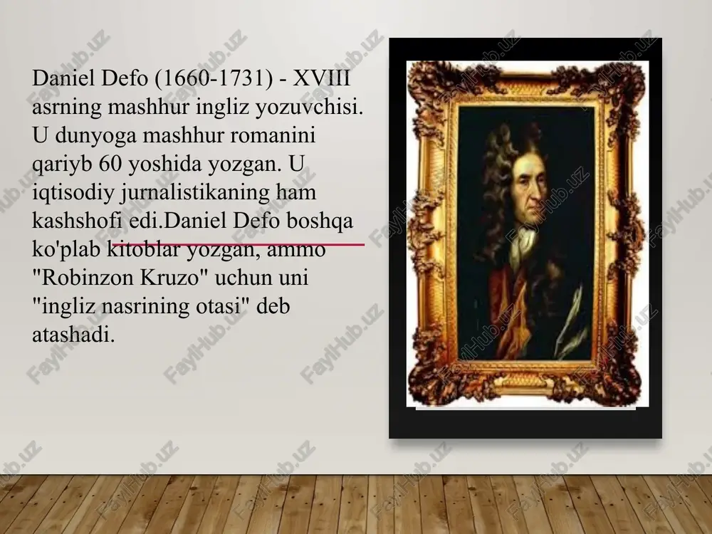 pan va portugaliyaliklar ham kemadan qutulib qolishdi. kruzo ispaniyalikni otasi pyatnitsi bilan birga qayiqda o'z hamrohlarini orolga olib kelishga va ularning barchasi tsivilizatsiyalashgan qirg'oqqa suzib keta oladigan kema qurishga qaror qiladi. asardagi obrazlar tahlili robinzon kruzo – aqlli, sabrli, mehnatsevar va qat’iyatli shaxs. u tabiat sharoitlariga moslashib, tirik qolish uchun kerakli ko‘nikmalarni o‘zlashtiradi. uning xarakteri oroldagi hayoti davomida yanada mustahkamlanadi. juma – robinzonning sodiq do‘sti. u yovvoyilar tomonidan qurbonlikka keltirilayotgan paytda robinzon uni qutqarib qoladi. juma madaniyat va yovvoyilik o‘rtasidagi farqni ifodalaydi, shuningdek, insoniy do‘stlik va minnatdorlik timsoli hisoblanadi. kema halokati va orol – insonning tabiatga moslashish sinovi ramzi. orol – robinzon uchun hayotiy maktab, bu yerda u o‘zining bilim va tajribalarini sinovdan o‘tkazadi. asarning adabiy janri va uslubi janri: “robinzon kruzo” realistik roman hisoblanadi, chunki unda hayotiy voqealar, aniq tafsilotlar va insonning tabiatga moslashuvi tasvirlangan. avtobiografik elementlar: asar skotlandiyalik sayyoh aleksandr selkirkning haqiqiy hayoti asosida yozilgan. selkirk kemada ishlagan …