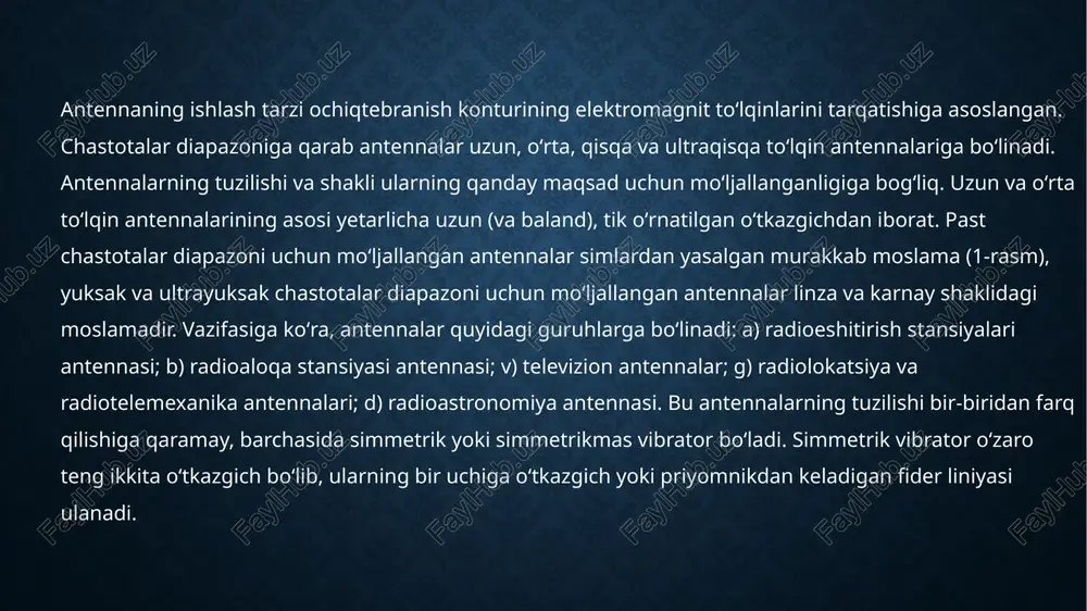 ansiya, angliya va boshqa mamlakatlarda eng baland teleantennalar bor. moskvadagi ostankino teleminorasining balandligi 533 m, toshkentdagi teleminoraning balandligi 375 m. antennaning strukturasi va dizayni antennaning ishlash samaradorligi uning dizayni va konstruktsiyasiga bevosita bog'liq. antenalar bir qancha shakllarda bo'lishi mumkin: dipol, yagi, parabolik va boshqalar. har bir tur o'ziga xos ishlash xususiyatlariga ega, masalan, direktsiya, kenglik va chastota diapazonida ishlash. chastota va to'lqin uzunligi har bir antenna faqat ma'lum bir chastota diapazonida samarali ishlaydi. antenna dizayni, odatda, to'lqin uzunligi yoki chastotaga asoslanadi. antennaning ishlash chastotasi uning uzunligi bilan bog'liq bo'lib, to'lqin uzunligi antennaning fizik o'lchamlari bilan mos kelishi kerak. direktivlik va kenglik antennaning yo'nalish xususiyati, ya'ni uning signalni qanday yo'naltirishi, antennaning dizayniga bog'liq. direktiv antennalar faqat ma'lum yo'nalishga kuchli signal uzatadi. masalan, parabolik antennalar uzoq masofaga kuchli signal yo'naltiradi. kenglik, aksincha, antennaning bir vaqtning o'zida katta maydonda signal qabul qilish yoki uzatish qobiliyatidir. samaradorlik antennaning samaradorligi – bu uning uzatayotgan yoki …