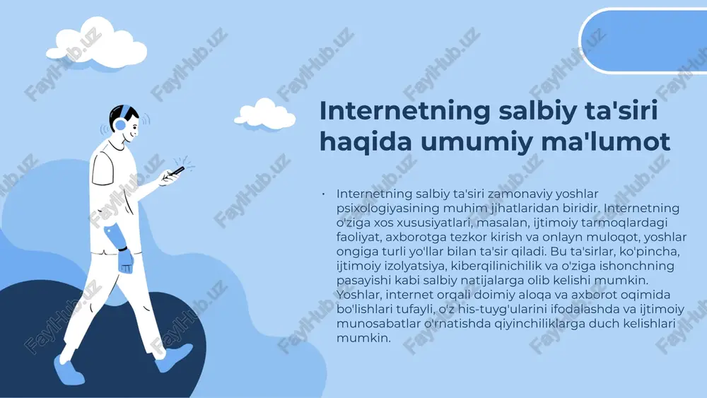 lari yoshlarning motivlari yoshlar internetdan foydalanishga bir nechta sabablar bilan murojaat qiladilar. ular orasida ijodiy ifoda, bilim olish, va o'zaro aloqalar o'rnatish motivlari mavjud. biroq, bu motivlar ijtimoiy tarmoqlar va o'yinlar orqali salbiy ta'sir ko'rsatishi mumkin. ijtimoiy va psixologik ta'sir ijtimoiy tarmoqlar va o'yinlar yoshlar ongiga salbiy ta'sir ko'rsatadi. bu ta'sirlar ichida depressiya, uyqu buzilishi va ijtimoiy izolyatsiya mavjud. yoshlar internet orqali qiyinchiliklarga duch kelishlari va o'zlarini yakkalanish his qilishlari mumkin. internetning salbiy ta'sirlari internet orqali tarqaladigan yolg'on va noto'g'ri ma'lumotlar yoshlar o'rtasida keng tarqalmoqda. ijtimoiy tarmoqlarda, bloglarda va boshqa onlayn platformalarda bunday ma'lumotlar tezda tarqaladi, bu esa yoshlarning fikrlarini noto'g'ri shakllantirishi mumkin. shuningdek, bunday ma'lumotlar yoshlarning qaror qabul qilish jarayoniga salbiy ta'sir ko'rsatadi, chunki ular ishonchli manbalarni ajratib olishda qiyinchiliklarga duch kelishadi. ruhiy salomatlikka ta'siri internetdan foydalanish yoshlarning ruhiy salomatligiga salbiy ta'sir ko'rsatishi mumkin. onlayn tajribalar, ijtimoiy tarmoqlardagi taqqoslashlar va kiberbullying kabi muammolar, depressiya va xavotir hissiyotlarini keltirib chiqarishi …
