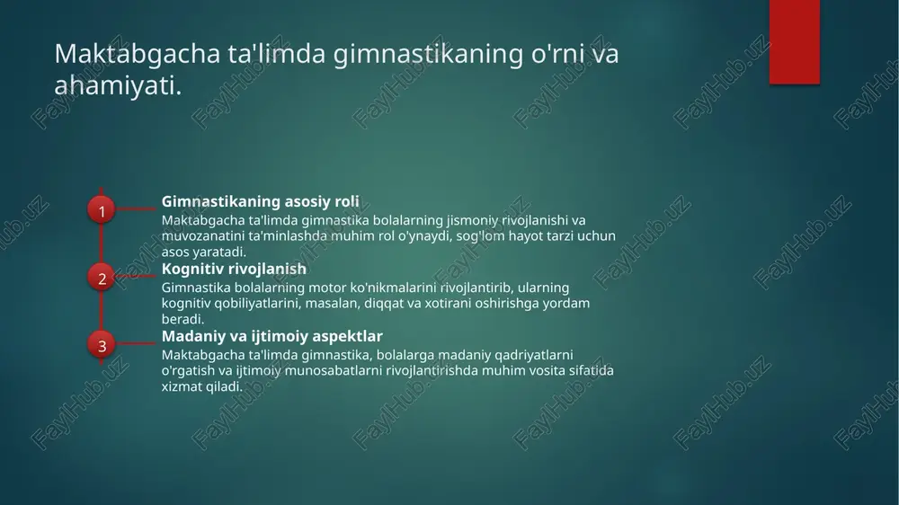 da qiziqarli qiladi. gimnastika dasturlarining fizika va rivojlanish ko'rsatkichlariga ta'siri. 1 gimnastikaning jismoniy ta'siri - gimnastika dasturlari bolalarning mushak kuchini, muvozanatini va chaqqonligini oshiradi, bu esa ularning jismoniy rivojlanishiga ijobiy ta'sir ko'rsatadi. 2 rivojlanish ko'rsatkichlari - gimnastika mashg'ulotlari bolalarning motor koordinatsiyasini va harakat qobiliyatini yaxshilab, ularning umumiy rivojlanish ko'rsatkichlarini oshiradi. 3 psixologik ijobiy ta'sir - gimnastika bolalarning o'z-o'ziga ishonchini, ijtimoiy ko'nikmalarini va hissiy barqarorligini oshiradi, bu esa ularning ruhiy rivojlanishiga yordam beradi. bolalar uchun gimnastikaning ijtimoiy va emotsional rivojlanishdagi roli. ijtimoiy ko'nikmalar gimnastika bolalar o'rtasida jamoaviy ish va hamkorlikni rivojlantiradi. ular birgalikda mashg'ulotlar o'tkazish orqali yangi do'stlar orttiradi. emotsional barqarorlik gimnastika bolalarga stressni kamaytirish va ruhiy salomatlikni yaxshilashda yordam beradi. fizzik faoliyat ularning emotsional holatini mustahkamlashga yordam beradi. o'z-o'zini anglash gimnastikada muvaffaqiyatlar bolalarda o'z-o'zini anglash va ishonchni oshiradi. bu, o'z navbatida, ularning umumiy rivojlanishiga ijobiy ta'sir qiladi. maktabgacha ta'limda gimnastika dasturlarining madaniy jihatlari. 01 maktabgacha ta'limdagi madaniyat maktabgacha ta'limda gimnastika …