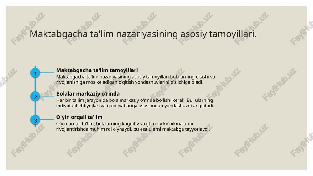 tning ahamiyati ota-onalar bolalarning maktabga tayyorgarlik jarayonida muhim rol o'ynaydi, ularning qo'llab-quvvatlashi va motivatsiyasi bolalarning muvaffaqiyatiga ta'sir qiladi. ota-onalar va bolalar o'rtasidagi o'zaro ta'sir, ta'lim jarayonida muhim ahamiyatga ega. ota-onalar, bolalar bilan muloqot qilib, bilim olishni rag'batlantirishi kerak. ota-onalar va bolalar o'rtasidagi ochiq muloqot, bolalarning hissiy va ijtimoiy rivojlanishini qo'llab-quvvatlaydi, ularni maktab muhitiga tayyorlaydi. kognitiv rivojlanish: maktabga tayyorgarlik jarayoni. kognitiv rivojlanish o'qitish usullari rivojlanish bosqichlari kognitiv rivojlanish - bolalarning fikrlash, muammolarni hal qilish va qaror qabul qilish qobiliyatlarini shakllantirish jarayonidir. bu, maktabga tayyorlanishda muhimdir. maktabga tayyorgarlik jarayonida interaktiv o‘qitish usullari, masalan, o’yin va guruh ishlari, bolalarning kognitiv rivojlanishini tezlashtiradi. bolalarning kognitiv rivojlanish bosqichlari, masalan, sensorik, preoperatsion va konkret operatsion bosqichlar, o‘qishga tayyorgarlikda asosiy ahamiyatga ega. ijtimoiy ko'nikmalar: bolalarni maktabga tayyorlashda muhim omil. 1 ijtimoiy ko'nikmalar tahlili ijtimoiy ko'nikmalar, bolalarning boshqalar bilan muloqot qilish, hamkorlik va turli vaziyatlarga moslashuvchanlik kabi qobiliyatlarini rivojlantiradi. 2 maktabga tayyorgarlik maktabga tayyorgarlik jarayonida ijtimoiy ko'nikmalar bolalarga …