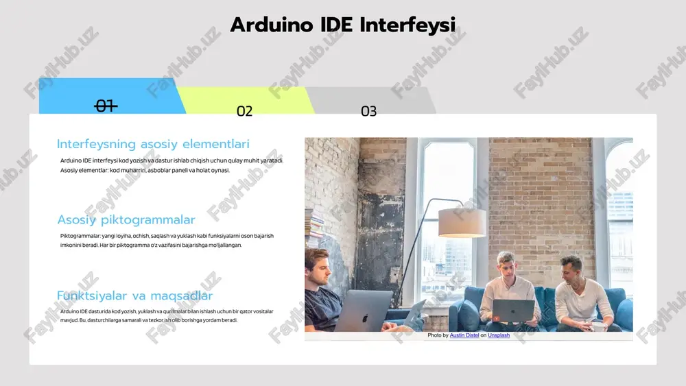 h jarayoni kod yozish jarayoni arduino ide dasturida oddiy sintaksisdan foydalanishni talab qiladi. bu jarayonda dasturchi o'z g'oyalarini kodga aylantiradi va kerakli funktsiyalarni o'z ichiga olgan dastur yaratadi. sinov va tahlil yuklangan dastur sinovdan o'tkazilishi kerak. sinov jarayonida koddagi xatolar aniqlanadi va tuzatiladi, shuningdek, dastur ishlab chiqarilishi to'g'ri ishlashini ta'minlaydi. photo by austin distel on unsplash 01 02 03 kod strukturasi kodning asosiy komponentlari kod strukturasining asosiy komponentlari funksiyalar, o'zgaruvchilar va boshqa elementlardir. har bir komponent o'z funksiyasi bilan kodni samarali joylashtirishga yordam beradi. funksiyalar haqida funksiyalar kodni takroriy ishlatish imkonini beradi va dasturdagi muayyan vazifalarni bajaradi. ular parametrlar olishi va natijalarni qaytarishi mumkin. o'zgaruvchilar haqida o'zgaruvchilar ma'lumotlarni saqlash uchun ishlatiladi va dastur davomida o'zgarishi mumkin. ular kodni dinamik qilish va foydalanuvchi bilan muloqot qilish imkonini beradi. kodning strukturasi arduino ide dasturlashida muhim ahamiyatga ega. asosiy komponentlar - funksiyalar va o'zgaruvchilar, kodni yanada samarali va tushunarli qilishga yordam beradi. ularni …
