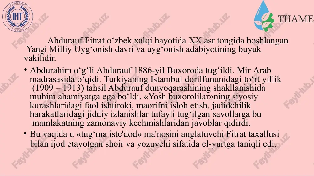ilmiy-adabiy faoliyati ham sermahsuldir. u o`zining ijtimoiy asarlari bilan yangi o`zbek fanining bir qator yo`nalishlariga asos soldi. xususan, turkiston xalqlarining boy va qadim madaniy merosini har tomonlama, chuqur ilmiy o`rganishni boshlab berdi. uning “adabiyot qoidalari”, “eski o`zbek adabiyoti namunalari”, “aruz haqida” kabi xayyom, firdavsiy, navoiy, ilmiy kuzatishlari, yassaviy, umar bedil haqidagi maqolalari o`zbek shakllanishida adabiyotshunosligining muhim rol o`ynadi. fitratning nasriy asarlari fitrat hikoyalari “qiyomat” “me’roj” “qiyshiq eshon” “zayd va zaynab” “oq mozor” “zahroning iymoni ” xx asr dramaturgiyasining nodir namunalaridan bo’lib qolgan “rahbari najot”, “oila”, “begijon”, “mavludi sharif”, “abo muslim” kabi asarlarini yozadi. u nafaqat ilmiy-badiiy asarlar yozdi, balki yangi usul-jadid maktablari uchun ham darslik-qo’llanmalar joriy etdi. masalan, “o’qu”, “muhtasar islom tarixi” “ona tili”, “bitim yo’llari”kabi darsliklar yaratdi. unng nasrdan tashqari juda ham ko’plab she’rlari mavjud. chunon- chi, “mirrix yulduziga”, “ovunchoq”, “bir oz kul”, “shoir”, “sharq”, “behbudiyning sog’onasini izladim” kabi nazmdagi asarlarida olam-olam ma’no yotadi. uning aksariyat asarlarida davr-ning ijtimoiy- …