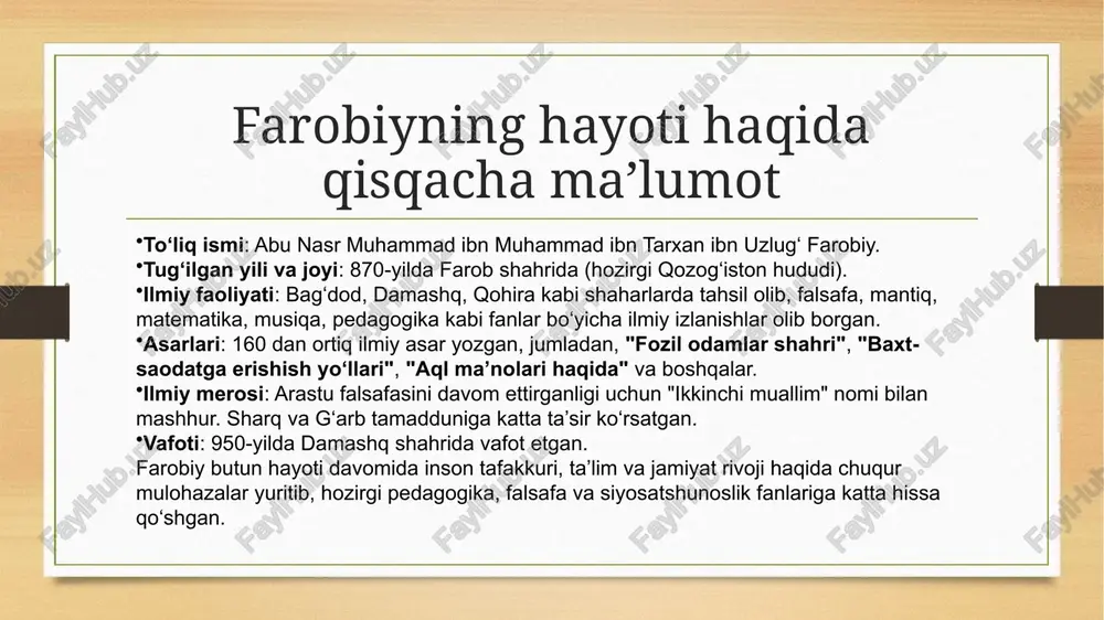 ishidagi ahamiyatini ta’kidlagan: nazariy bilim – haqiqatni anglash va olam sirlarini tushunishga xizmat qiladi. amaliy bilim – insonning kundalik hayotida foyda keltiradigan bilim turi. san’at va hunarmandchilik – ijodiy va texnik bilimlar inson qo‘li mehnati orqali namoyon bo‘ladi. axloqiy bilim – yaxshi va yomonni farqlash, odob va axloq qoidalarini bilish. farobiy fikricha, haqiqiy taraqqiyotga erishish uchun inson nazariy va amaliy bilimlarni uyg‘unlashtirishi kerak. musiqaning ta’limdagi ahamiyati farobiy musiqa inson tarbiyasida muhim rol o‘ynaydi deb hisoblagan. unga ko‘ra: musiqa axloqiy tarbiyaning bir qismi – u inson ruhiyatiga ijobiy ta’sir qiladi. fikrlash va intellektni rivojlantiradi – musiqa mantiqiy va ijodiy tafakkurni o‘stiradi. o‘quv jarayonini yengillashtiradi – bilim olish jarayonini qiziqarli va samarali qiladi. hissiy tarbiyada muhim – musiqa inson his-tuyg‘ularini shakllantiradi va go‘zallikni anglashga yordam beradi. farobiy "musiqa haqida katta kitob" asarida uning ta’lim va inson ruhiyatidagi o‘rnini batafsil yoritgan. davlat boshqaruvi va ta’lim farobiy ta’limni davlat boshqaruvining muhim omillaridan biri deb …