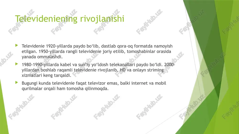 hqari tomosha qilish bolalarda bog‘liqlik va diqqat yetishmovchiligiga olib kelishi mumkin. zamonaviy bolalar teleko‘rsatuvlari ta’lim va ko‘ngilochar elementlarni uyg‘unlashtirib, foydali kontent taqdim etmoqda. ommabop teleko‘rsatuvlar va ularning psixologik ta’siri 📺 ommabop teleko‘rsatuvlar – keng auditoriya tomonidan sevib tomosha qilinadigan dasturlar bo‘lib, ular turli janrlarda bo‘lishi mumkin: 🔹 asosiy turlari: ✅ seriallar – tomoshabinlarni syujetga bog‘lab, hissiyotlarni uyg‘otadi. ✅ realiti-shoular – ishtirokchilar bilan bog‘lanish hissini kuchaytiradi. ✅ talk-shoular va intervyular – ijtimoiy masalalarni yoritadi. 🧠 psixologik ta’siri: ijobiy: motivatsiya beradi, ijodkorlikni oshiradi. salbiy: haddan tashqari tomosha qilish stress va bog‘liqlikka olib kelishi mumkin. teleko‘rsatuvlar inson kayfiyatiga ta’sir qiluvchi kuchli vosita bo‘lib, ulardan oqilona foydalanish muhimdir. reklama va televidenie 📺 reklama – televideniening ajralmas qismi bo‘lib, mahsulot va xizmatlarni targ‘ib qilishga xizmat qiladi. 🔹 reklamaning turlari: ✅ tijorat reklamasi – brend va mahsulotlarni ommalashtirish. ✅ ijtimoiy reklamalar – sog‘liq, ta’lim va boshqa muhim mavzularni targ‘ib qilish. ✅ yashirin reklama (product placement) – …