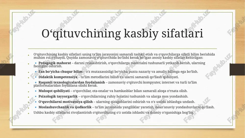 dan qochish. 🔹 boy va aniq lug‘at boyligi – mavzuga mos so‘z va iboralarni ishlatish. raqamli kompetensiyalarni rivojlantirish 🔹 zamonaviy texnologiyalarni o‘rganish – ta’lim platformalari, elektron darsliklar va dasturlar bilan ishlash. 🔹 interfaol vositalardan foydalanish – taqdimotlar, videodarslar, test tizimlari yaratish. 🔹 onlayn ta’limni rivojlantirish – masofaviy ta’lim usullarini o‘zlashtirish. 🔹 axborot xavfsizligini tushunish – internetdagi xavfsizlik qoidalariga rioya qilish. 🔹 raqamli muloqot ko‘nikmalarini oshirish – elektron pochta, vebinar va ijtimoiy tarmoqlarda samarali aloqa o‘rnatish. 🔹 yangi dasturiy ta’minotlardan foydalanish – innovatsion ta’lim texnologiyalarini sinab ko‘rish. o‘z ustida ishlash va o‘zini rivojlantirish 🔹 doimiy o‘qish va o‘rganish – ilmiy adabiyotlar, maqolalar va yangi metodikalarni o‘rganish. 🔹 malaka oshirish – kurslar, seminarlar va treninglarda qatnashish. 🔹 o‘z-o‘zini tahlil qilish – o‘z ustidagi kamchiliklarni aniqlash va ustida ishlash. 🔹 innovatsiyalarga ochiqlik – yangi texnologiya va pedagogik yondashuvlarni sinab ko‘rish. 🔹 fikr almashish – tajribali hamkasblar bilan maslahatlashish va bilim almashish. 🔹 shaxsiy …