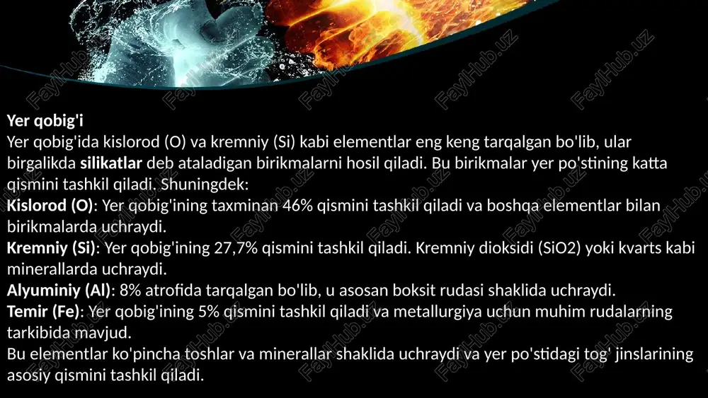 akkab moddalar tarkibida uchraydi. kislorod (o): energiya almashinuvida ishtirok etadi va suv bilan birgalikda organizmlarda ko'plab kimyoviy reaksiyalarning amalga oshishida muhim rol o'ynaydi. vodorod (h): hujayralardagi barcha organik moddalarning tarkibiy qismi bo'lib, suvning asosiy tarkibiy elementi hisoblanadi. azot (n): oqsillar va dnkning asosiy tarkibiy qismi bo'lib, tirik organizmlar uchun zarur. bundan tashqari, boshqa muhim iz elementlar ham mavjud, masalan, fosfor (p) va oltingugurt (s), ular energiya saqlash, genetik materiallarning shakllanishi va hujayra tuzilmalarining o'sishida muhim ahamiyatga ega. bu elementlar birgalikda organizmlar hayotining kimyoviy poydevorini tashkil etadi va hayotiy jarayonlarni boshqaradi. this presentation uses a free template provided by fppt.com www.free-power-point-templates.com kimyoviy elementlarning ekologiyaga ta'siri kimyoviy elementlar ko'p hollarda tabiiy sikllar orqali atrof-muhitda aylanishda ishtirok etadi. ba'zi elementlarning ortiqcha miqdori yoki yetishmasligi ekologik tizimlarga salbiy ta'sir ko'rsatishi mumkin. masalan: azot va fosfor: bu elementlarning ortiqcha miqdori suv havzalarida eutrofikatsiyaga olib keladi, bu esa suv o'simliklari va hayvonlar hayotiga zarar yetkazadi. qo'rg'oshin …