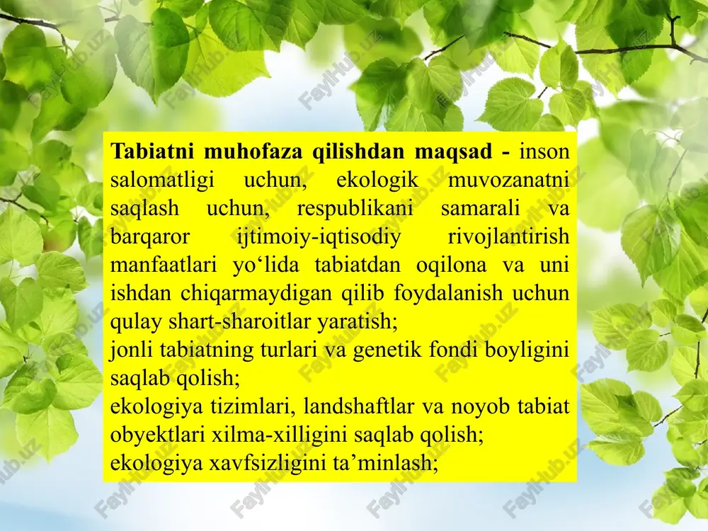 yot qoplami biosfera yoki biogeosfera deb ataladi. biosferaning hamma qismi yaxlit bir biriga o’xshash tabiat komplekslaridan tashkil topgan emas. uning nisbatan bir xil (yaxlit) tabiat komponentlari (atmosfera, tog’ jinsi, tuproq usimligi, hayvonot dunyosi gidrologik rejimi) bilan harakter lanadi. qismlari biogeocenoz deb yuritiladi. bunga tundra, o’rmon, dasht, cho`l, botqoq, o’tloq kabi biogeocenozlar misol bo’ladi. bugungi kunda atrof – olam va tabiat chiqindilarga to’lib ketgan. bunga sabab insonlarning befarqligi, qazilma boyliklarning qazib olinishi, sanoat qurilishlaridan chiqayotgan zararli moddalar, iqlimning o’zgarishi, orol dengizning qurib borayotganligi hamda transportlarning ko’payib ketishiga misol bo’lmoqda. atrof – olam va tabiatdagi o’zgarishlar hozirda respublika bo‘ylab 221ta chiqindi poligoni mavjud bo‘lib, ularning maydoni 0,5 gektardan 70-80 gektargacha boradi. ko‘pchilik poligonlarning foydalanish muddati 20-30 yilni tashkil etadi. bu poligonlarda chiqindini joylashtirish talablariga o‘z vaqtida yetarli darajada e'tibor berilmagan holda ish olib borilgan. ekologik holat tangligini ifodalovchi faktorlar eol jarayonlari hosildorlikning kamayishi va yaylovlarning yomonlashuvivi ichimlik suvi sifatining pasayishi aholining kasallanishi …