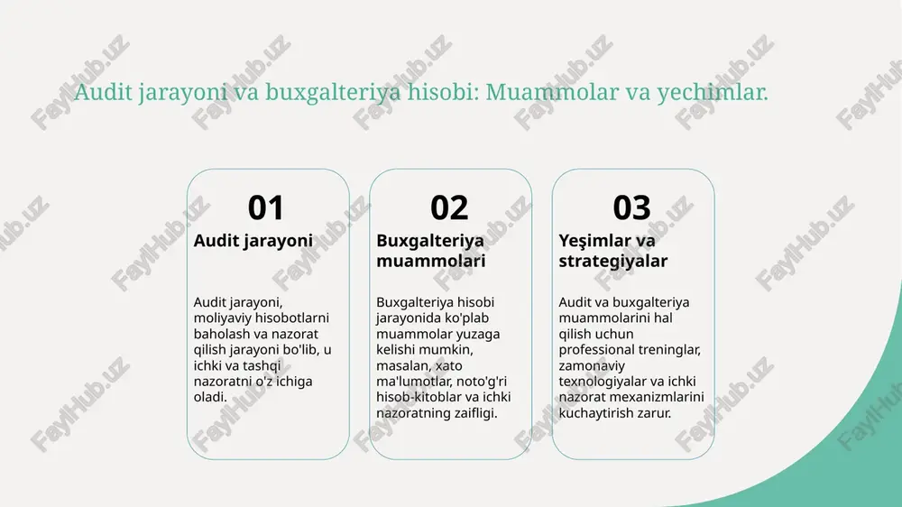 ir. bu, investorlar va boshqa manfaatdor tomonlar uchun muhimdir. 3 xavfsizlik va nazorat - audit jarayonida ichki nazoratning ahamiyati oshadi. bu moliyaviy hisobotlardagi xatolarni aniqlash va oldini olishga yordam beradi. 4 moliyaviy hisobotlar va strategiya - audit natijalari moliyaviy hisobotlar asosida tashkilot strategiyasini shakllantirishda muhim rol o'ynaydi. bu qarorlarni yaxshilashga yordam beradi. auditning samaradorligini oshirish uchun metodologiyalar. audit jarayonlarini optimallashtirish audit jarayonlarini optimallashtirish uchun zamonaviy texnologiyalar va dasturiy ta'minotdan foydalanish, samaradorlikni oshirishga yordam beradi. xavf baholash usullari xavf baholash usullari audit jarayonida muhim ahamiyatga ega. bu usullar yordamida potentsial muammolarni oldindan aniqlash mumkin. ta'lim va rivojlanish audit mutaxassislari uchun doimiy ta'lim va rivojlanish, yangi metodologiyalarni o'zlashtirish va malakalarni oshirishga yordam beradi. auditning muammolarni aniqlash va bartaraf etishdagi roli. muammolarni aniqlash audit jarayonida muammolarni aniqlash, ichki nazorat tizimlarining samaradorligini baholash va moliyaviy hisobotlardagi noaniqliklarni oshkor qilishni o'z ichiga oladi. muammolarni bartaraf etish auditning asosiy vazifalaridan biri aniqlangan muammolarni bartaraf etishdir. bu, …