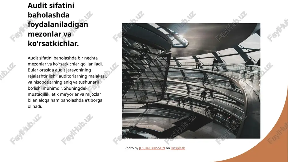 zamonaviy metodlar, masalan, statistik tahlil, ko'rsatkichlar asosida baholash va qaror qabul qilishda sun'iy intellektdan foydalanish muhim ahamiyatga ega. bu usullar audit jarayonining samaradorligini oshirib, natijalarni yanada ishonchli qiladi. photo by lukas blazek on unsplash audit jarayonidagi ichki nazorat va uning ahamiyati. ichki nazorat tushunchasi ichki nazorat, audit jarayonida muhim rol o'ynaydi. bu, tashkilot ichidagi moliyaviy va operatsion jarayonlarni nazorat qilishni ta'minlaydi. ichki nazoratning foydalari ichki nazorat, xatoliklarni va firibgarliklarni oldini olishda yordam beradi. bu, audit sifatini oshirish va moliyaviy hisobotlarning ishonchliligini ta'minlaydi. ichki nazoratning xususiyatlari ichki nazorat tizimi, tashkilotning maqsadlariga muvofiq tarzda ishlab chiqilishi kerak. bu, boshqaruv va audit jarayonlarini yaxshilaydi. audit natijalarining moliyaviy barqarorlikka ta'siri. 1 audit natijalari va barqarorlik audit natijalari moliyaviy barqarorlikni ta'minlashda muhim ahamiyatga ega. ular tashkilotning moliyaviy holatini va risklarni ochib beradi. 2 moliyaviy holatni tahlil audit natijalari moliyaviy hisobotlarni tahlil qilishda yordam beradi, bu esa investorlarga va kreditorlarga to'g'ri qarorlar qabul qilish imkonini yaratadi. …