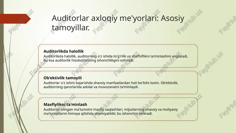 xfiylik: auditorlik jarayonida ma'lumotlarni himoya qilish. 1 maxfiylikning ahamiyati - auditorlik jarayonida maxfiylik, mijozlar ma'lumotlarini himoya qilishda muhim ahamiyatga ega. bu auditorning ishonchliligini oshiradi va professional munosabatlarni mustahkamlaydi. 2 axloqiy majburiyatlar - auditorlar, axloqiy kodeksga muvofiq, maxfiylikni saqlashga majburdirlar. bu, mijozlar va ularning ma'lumotlariga nisbatan hurmatni bildiradi va axloqiy muammolardan qochishga yordam beradi. 3 maxfiylikni ta'minlash - auditorlar, maxfiylikni ta'minlash uchun kuchli ichki nazorat tizimlariga ega bo'lishlari kerak. bu, ma'lumotlar oqimini va ularga kirishni nazorat qiladi, xavfsizlikni oshiradi. 4 maxfiylik va ishonch - auditorlik jarayonida maxfiylik, ishonchni oshiradi va mijozlar bilan samarali aloqalarni rivojlantiradi. bu, auditorlik faoliyatining muvaffaqiyatiga bevosita ta'sir qiladi. halollik va ob'ektivlik: auditorlar uchun real hayot misollari. auditorlikda halollik auditorlar, moliyaviy hisobotlarni tekshirishda halollikni saqlashlari muhimdir. halol auditorlar firibgarlikni aniqlashda ishonchli rol o'ynaydi. ob'ektivlikni ta'minlash auditorlar, mijozlar va manfaatlar o'rtasidagi ziddiyatlarni aniqlash va bartaraf etish orqali ob'ektivlikni ta'minlaydilar. bu ishonchni oshiradi. haqiqiy misollar misol uchun, bir auditor korxonaning …