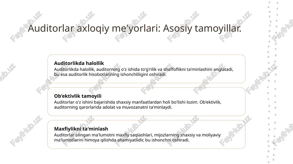auditorlik hisobotlarining aniqligini va ishonchliligini oshiradi, bu esa iqtisodiy rivojlanish uchun zarur. auditorlikda halollik: etik va professional majburiyatlar. auditorlikda halollik, auditorlar uchun muhim etik va professional majburiyatlarni talab etadi. auditorlar, ish faoliyatida halol bo'lish orqali, mijozlar va jamiyat oldida ishonchni saqlashlari zarur. bu majburiyatlar, shuningdek, ma'lumotning maxfiyligini saqlash va obyektivlikni ta'minlashni o'z ichiga oladi. photo by loic leray on unsplash ob'ektivlik: auditorlik faoliyatida muhim tamoyil. 1 ob'ektivlikning mohiyati ob'ektivlik, auditorlik faoliyatida mustaqil va adolatli qarorlar qabul qilishni ta'minlaydi, bu esa auditorlar ishonchini oshiradi va natijalarni to'g'ri baholashga yordam beradi. 2 ob'ektivlik tamoyillari auditorlar ob'ektivlikni ta'minlash uchun shaxsiy manfaatlardan holi bo'lishi, ma'lumotlarni tarafkashliksiz tahlil qilishlari lozim, bu esa professional etika me'yorlariga muvofiqdir. 3 ob'ektivlikning ahamiyati auditorlikda ob'ektivlik, moliyaviy hisobotlarning aniqligini ta'minlaydi, firibgarlikni aniqlashga yordam beradi va auditorlik jarayonining ishonchliligini oshiradi. maxfiylik: auditorlik jarayonida ma'lumotlarni himoya qilish. 1 maxfiylikning ahamiyati - auditorlik jarayonida maxfiylik, mijozlar ma'lumotlarini himoya qilishda muhim ahamiyatga ega. bu …