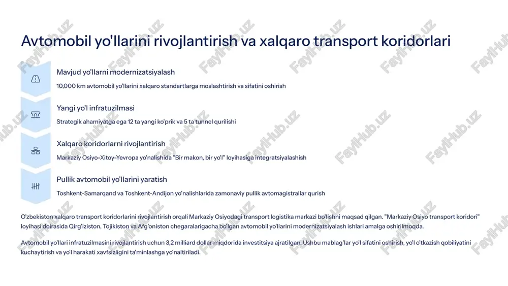 a transport tiqinlarini kamaytirish rejalashtirilmoqda. toshkent shahrida 2030 yilgacha metro va tramvay liniyalari uzunligini 3 barobarga oshirish kutilmoqda. yo'lovchilar oqimi ko'p bo'lgan yo'nalishlarda transport almashish markazlari (hablar) yaratiladi. bu markazlar turli xil transport turlarini (metro, avtobus, tramvay) qulaylik bilan almashtirib o'tish imkoniyatini beradi va yo'lovchilar uchun qulay transport tizimini shakllantiradi. 6 raqamli texnologiyalarning transport sohasiga integratsiyasi raqamli platformalar barcha transport turlarini birlashtiruvchi yagona mobil ilova va axborot tizimini yaratish intellektual marshrutlashtirish sun'iy intellekt asosida transport oqimlarini boshqarish va marshrutlarni optimallashtirish iot sensorlar transport infratuzilmasining holati ustidan monitoring olib borish uchun iot qurilmalarini o'rnatish elektron to'lov barcha transport turlarida naqd pulsiz to'lov tizimlarini joriy etish o'zbekistonda transport sohasini raqamlashtirish strategiyasi doirasida "raqamli transport" loyihasi amalga oshirilmoqda. bu loyiha transport xizmatlarini ko'rsatishda innovatsion texnologiyalarni qo'llash, transport oqimlarini intellektual boshqarish va elektron to'lov tizimlarini joriy etishni o'z ichiga oladi. 2025 yilgacha barcha temir yo'l va aviakassa chiptalarini sotish tizimini to'liq raqamlashtirish, shuningdek 35 …