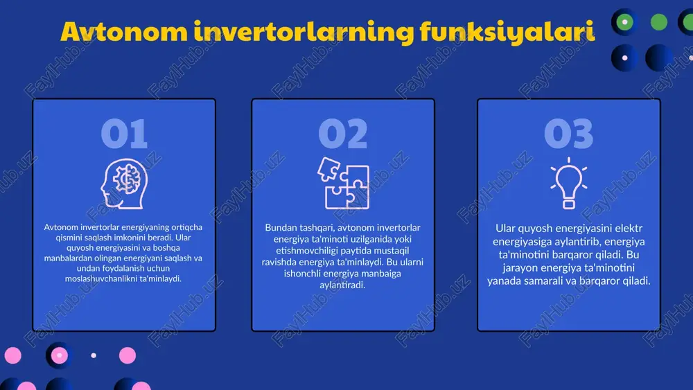 radi. narx esa xarajatlar va byudjetni hisobga olishda ahamiyatlidir. 02 01 03 kuchlanish va quvvat talablari kuchlanish talablari avtonom invertorlar uchun kerakli kuchlanishni belgilash muhimdir. ular 12v, 24v yoki 48v bo'lishi mumkin. quvvat talablari ish joyidagi quvvat iste'molining hisob-kitobi invertor tanlashda muhim rol o'ynaydi. invertor tanlash mos invertor tanlashda quvvat darajasi va ish sharoitlarini e'tiborga olish zarur. xulosa avtonom invertorlar uchun kuchlanish va quvvat talablari to'g'ri belgilanmasa, tizim samaradorligi pasayadi. 01 02 03 04 samaradorlik va energiya tejash samaradorlik tushunchasi avtonom invertorlarning samaradorligi, energiya iste'molining samarali boshqarilishi va energiya tejamkorligini ta'minlaydigan muhim omillardir. yaxshi samaradorlik, invertorning energiya ishlab chiqarish va uzatish jarayonida minimal isrof bilan ishlashi demakdir. bu invertorlar quvvatning yuqori darajada o'zlashtirilishini ta'minlab, umumiy energiya sarfini kamaytiradi. energiya tejash strategiyalari energiya tejash strategiyalari orasida quyidagilar mavjud: energiya iste'molini nazorat qilish, samarali uskunalarni tanlash, va zarur bo'lmagan qurilmalarni vaqtincha o'chirish. shuningdek, invertorlar uchun maxsus dasturlar va avtomatizatsiya texnologiyalaridan foydalanish energiya …