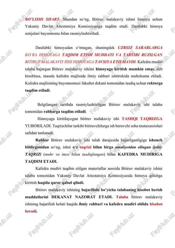 a imzo bilan tasdiqlangan) bilan kafedra mudiriga taqdim etadi. kafedra mudiri taqdim etilgan materiallar asosida bitiruv malakaviy ishini talaba tomonidan yakuniy davlat attestatsiya komissiyasida himoya qilishga kiritish haqida qaror qabul qiladi. bitiruv malakaviy ishining bajarilishi bo’yicha talabaning hisobot berish muddatlarini dekanat nazorat etadi. talaba bitiruv malakaviy ishining bajarilish holati haqida ilmiy rahbari va kafedra mudiri oldida hisobot beradi. talaba - ish muallifi, tanlangan qarorning to’g’riligiga va uning topshiriqqa muvofiqligiga, bitiruv malakaviy ishida ko’chirmachilik holatini yo’qligiga javob beradi. plagiatga qarshi nazorat dastlabki himoyada kafedra mudiri tomonidan, keyingi nazoratda dekanat va o’quv-uslubiy boshqarma xodimlari tomonidan amalga oshiriladi. bitiruv malakaviy ishining elektron varianti yakuniy himoyasi belgilangan sanadan kamida 2 kun oldin fakultet dekani tomonidan institutning “ilmiy va ilmiy-pedagogik kadrlar tayyorlash” bo’limi yoki o’quv-uslubiy boshqarma xodimiga platigiatga qarshi nazorat dasturida tekshirish uchun topshiriladi va natijasi bo’yicha ma’lumotnoma tuziladi. ma’lumotnoma fakultet dekaniga topshiriladi va uning natijalari bo’yicha tegishli tartibda chora-tadbirlarni amalga oshiradi. plagiat, mazmunan va …
