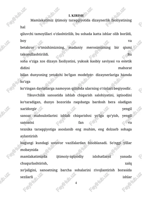 shdagi istiqbolli yo’nalish hisoblanadi. kiyimning (umuman tikuvchilik buyumlarining), kiyim detallari va uzellarining konstruktsiyasida choklarni iloji boricha ko’proq, kamaytirish, namlab-isitib ishlov berish uskunalarining vibromaneken singari bir jarayonli turlarida materiallarga ularning termoplastik xususiyati hisobiga shakl berish, biriktirish va bezash jarayonlarini birlashtirish (masalan, mag’iz, tasma qo’yishda), yelim materiallardan keng foydalanish va h.k. ana shunday kam operatsiyali texnologiyaga kiradi. kiyim sifatini yaxshilash uchun kimyoviy materiallarning yangi turlaridan foydalanish kerak bo’ladi. to’qima va trikotaj, sun`iy mo’yna, sun`iy teri va sun`iy zamsh, sun`iy gazlama va sun`iy trikotaj, plyonka qoplangan materiallar, noto’qima materiallar, yelim to’plamli maxsus moslamalar, xilma-xil furnituralar va h.k. ana shunday material turlaridan hisoblanadi. parallel ishlov berish uskunalarida utratovush yordamida payvandlash sintetik materialdan va sintetik tola aralash materialdan tayyorlanadigan kiyim detallarini biriktirishning eng samarali usulidir. ayrim detallarni, uzellar va jun buyumlarni tola massasining yoki polimer eritmaning bevosita o’zidan shakl berib yasash texnologiyada eng yangi istiqbolli yo’nalish bo’ldi. bunday texnologiyada mexnat unumdorligi, avtomatlashtirish imkoniyatlari anchagina ortadi. …