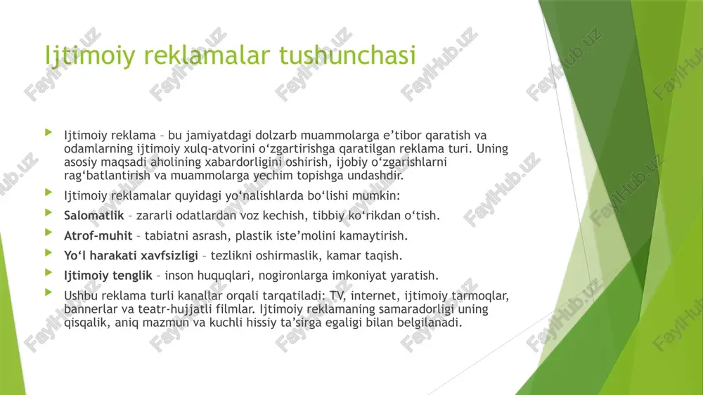 reklama qisqa, aniq va tushunarli bo‘lishi kerak. uzoq va chalkash matn auditoriyaning e’tiborini yo‘qotishi mumkin. odamlarga hissiy ta’sir ko‘rsatish – vizual va audio elementlar orqali hissiyotlarga ta’sir qilish reklamaning esda qolishiga yordam beradi. masalan, qo‘rqinch, hayrat yoki hamdardlik hissi kuchli ta’sir o‘tkazadi. to‘g‘ri auditoriyani nishonga olish – reklama kerakli auditoriyaga yo‘naltirilishi lozim. masalan, ekologik muammolar bo‘yicha reklama yosh avlodga, yo‘l harakati xavfsizligi bo‘yicha reklama esa haydovchilarga qaratilishi samaraliroq bo‘ladi. ushbu omillar reklamaning natijadorligini oshirishga yordam beradi va ijtimoiy o‘zgarishlarni amalga oshirishda muhim rol o‘ynaydi. ijtimoiy reklamalarni samaradorligini baholash ijtimoiy reklamaning natijadorligini aniqlash uchun quyidagi mezonlar asosida baholash amalga oshiriladi: aholi fikrini o‘rganish – so‘rovnomalar va intervyular orqali odamlarning reklama haqida fikri o‘rganiladi, uning qanday ta’sir qilgani tahlil qilinadi. axborot tarqalish tezligi – internet va ijtimoiy tarmoqlardagi ko‘rishlar, ulashishlar, izohlar va muhokamalar reklamaning keng auditoriyaga yetib borganini ko‘rsatadi. reklama natijasida xatti-harakat o‘zgarishi – reklama ta’sirida odamlarning xulq-atvori qanday o‘zgargani kuzatiladi. masalan, …