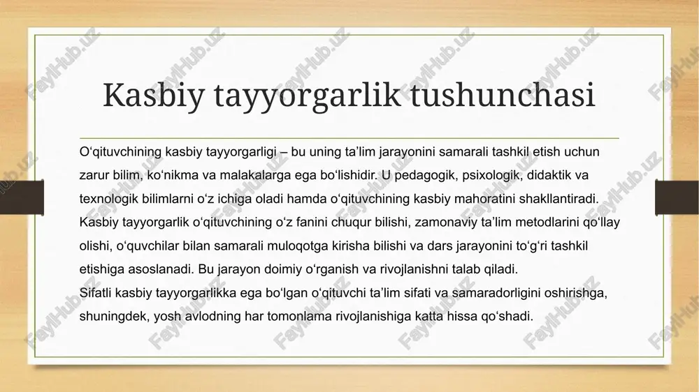 qa usullar orqali o‘quvchilarning faolligini oshirish. modul-ta’lim texnologiyasi – o‘quv materiallarini mantiqiy qismlarga bo‘lib o‘rgatish, mustaqil ishlashga yo‘naltirish. elektron ta’lim – kompyuter dasturlari, onlayn platformalar va sun’iy intellektdan foydalanish. proyekt (loyiha) metodi – o‘quvchilar mustaqil tadqiqot olib borishlari va amaliy natijaga erishishlari. differensial va individual yondashuv – har bir o‘quvchining qobiliyat va ehtiyojlarini hisobga olgan holda ta’lim berish. innovatsion texnologiyalar o‘quv jarayonini qiziqarli, samarali va natijador qiladi, shuningdek, o‘quvchilarning ijodiy fikrlashini rivojlantiradi. o‘qituvchining pedagogik mahorati o‘qituvchining pedagogik mahorati – bu ta’lim jarayonini samarali tashkil etish, o‘quvchilarga sifatli bilim berish va ularda mustaqil fikrlashni rivojlantirish qobiliyatidir. pedagogik mahoratning asosiy tarkibiy qismlari: fan va metodik bilimlar – o‘z fanini mukammal bilish va uni tushunarli yetkazish. dars jarayonini boshqarish – o‘quvchilarning e’tiborini jalb qilish, tartibni saqlash. muloqot madaniyati – o‘quvchilar, ota-onalar va hamkasblar bilan samarali aloqada bo‘lish. psixologik yondashuv – o‘quvchilarning individual xususiyatlarini tushunish va ularga mos metodlarni qo‘llash. ijodiy va innovatsion yondashuv …