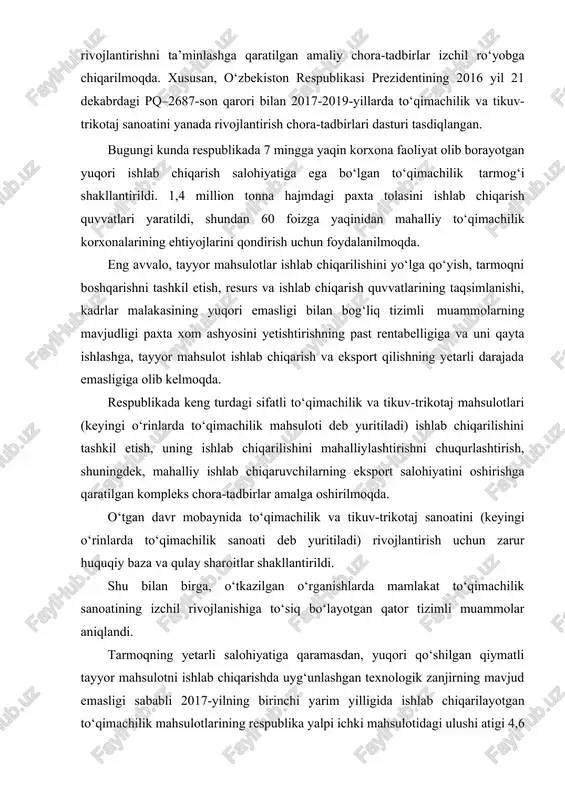 larining nooqilona taqsimlanishi, logistika va muhandislik infratuzilmasini tashkil etishdagi kamchiliklar ishlab chiqarish quvvatlari ancha qismining to‘xtab qolishiga, iqtisodiy yo‘qotishlarga va oqibatda mahsulotlar tannarxining oshishiga, shuningdek, ishlab chiqarish rentabelligining pasayishiga olib kelmoqda. to‘qimachilik yarim tayyor mahsulotlarni ishlab chiqarish va eksport qilishning barqaror ustunlik qilishi, yuqori qo‘shilgan qiymatli tayyor to‘qimachilik mahsulotlarini ishlab chiqarish va jahon bozorlarida munosib raqobatlashishga qodir bo‘lgan milliy brendlarni shakllantirishning yetarli darajada emasligi to‘qimachilik sanoati korxonalari daromadlarini oshirish imkonini bermayapti. bozor iqtisodiyoti va erkin raqobat sharoitida yengil sanoat korxonalarining ishlash imkoniyatini oshirishning asosiy omillaridan biri bu ularning rivojlanishi uchun sifatli va raqobatbardosh mahsulotlarni ishlab chiqarishdir. bu shartlarni bajarish uchun mahsulot ishlab chiqarishni doimo takomillashtirish, yangi buyum loyihalash jarayonini tezlashtirish zarur. yengil sanoat tarmog’ini rivojlantirishning yana bir muxim omili bo’lib, ilm fan yutuqlaridan amaliyotda foydalanish, yangi texnika-texnologiyalarni joriy etish bo’yicha amaliy tadbirlarni yo’lga qo’yish yengil sanoat tarmoqlarining xududlararo taqsimlanishidagi nomutanosiblik muammolarini hal etish xisoblanadi. yengil sanoatdagi o’zgargan vaziyatlar, kichik firma …