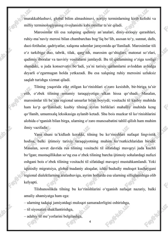 ilning bu ko‘rinishlari nafaqat lingvistik hodisa, balki ijtimoiy tarixiy taraqqiyotning muhim ko‘rsatkichlaridan biridir. masalan, sovet davrida rus tilining vositachi til sifatidagi mavqeyi juda kuchli bo‘lgan; mustaqillikdan so‘ng esa o‘zbek tilining barcha ijtimoiy sohalardagi nufuzi oshgani bois o‘zbek tilining vositachi til sifatidagi mavqeyi mustahkamlandi. yoki iqtisodiy migratsiya, global madaniy aloqalar, ichki hududiy muloqot kuchaygani regional dialektlarning aralashuviga, ayrim hollarda esa ularning silliqlanishiga olib kelyapti. tilshunoslikda tilning bu ko‘rinishlarini o‘rganish nafaqat nazariy, balki amaliy ahamiyatga ham ega: – ularning tadqiqi jamiyatdagi muloqot samaradorligini oshirishga, – til siyosatini shakllantirishga, – adabiy til me’yorlarini belgilashga, – kasbiy terminologiyani tartibga solishga, – milliy qadriyatlar va marosimlar tizimini izohlashga yordam beradi. 3. regional tilning shakllanish omillari regional til — o‘zbek tili hududiy doiralarda farqlanib borishini aks ettiruvchi murakkab lingvistik hodisadir. u asosan geografik makon, tarixiy taraqqiyot, mahalliy aholi etnik tarkibi, xo‘jalik yuritish shakllari, muloqot ehtiyojlari va ijtimoiy hayot sharoitlaridan kelib chiqadi. regional tilning shakllanishi til dunyosining …