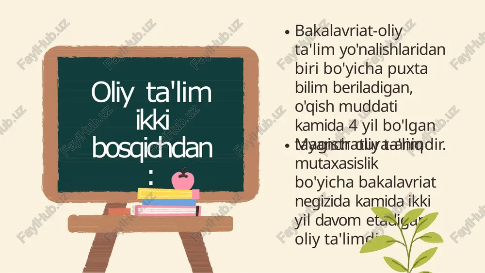 ‘yicha oliy o‘quv yurtidan keyingi ta’lim shaklidir. mustaqil izlanuvchilik – ishlab chiqarishdan ajralmagan holda doktorlik dissertatsiyasini tayyorlash va himoya qilish maqsadida mutaxassislikni chuqur o‘rganish va ular tomonidan ilmiy izlanishlar olib borish bo‘yicha falsafa doktori (phd) yoki fan doktori (dsc) ilmiy darajalari izlanayotganlar uchun otm va itmlarda tashkil etiladigan ta’lim shaklidir. amalga oshirilayotgan islohotlarning, avvalo, maktabgacha taʼlim va tarbiya sohasidan boshlanishi globallashuv jarayonida bolalar tarbiyasida eng asosiy boʻgʻin hisoblangan maktabgacha taʼlim tizimining jamiyatimiz hayotidagi oʻrni va ahamiyati beqiyosligini nazarda tutadi. “yoshlarni qoʻllab-quvvatlash va aholi salomatligini mustahkamlash yili” davlat dasturida koʻzda tutilgan 30 ta yangi maktab qurish, 320 ta maktabni taʼmirlash va moddiy-texnik bazasini yaxshilash maqsadida byudjetdan 2 trillion soʻm ajratilishi, sohada yagona “elektron taʼlim” tizimini joriy etishga kelgusi 2 yilda 250 milliard soʻm yoʻnaltirish, boshqa tumandagi olis maktabga borib, dars beradigan oʻqituvchilar oyligiga 50 foiz, boshqa viloyatga borib ishlasa — 100 foiz ustama haq toʻlash kabi chora-tadbirlar sohadagi islohotlar samaradorligini taʼminlab …