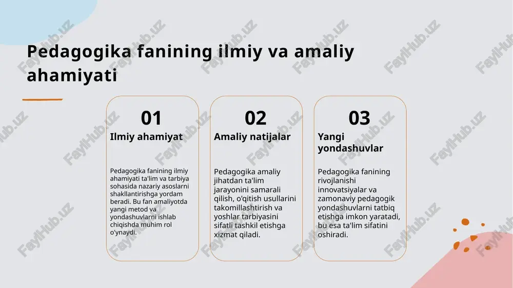 egallashga yo‘naltirishdir. bu, o‘z navbatida, jamiyatda faol va mas’uliyatli fuqaro bo‘lib yetishishiga yordam beradi. o'qitish va tarbiyada pedagogikaning asosiy vazifalari va ularning amalga oshirilishi. 1 o'qitish vazifalari o'qitish jarayonida ma'lumotlarni etkazish, fikrlashni rivojlantirish va talabalarning mustaqil fikr yuritishini ta'minlash asosiy vazifadir. bu jarayon bilim va ko'nikmalarni shakllantirishga xizmat qiladi. 2 tarbiyada mas'uliyat tarbiya insonlarning axloqiy, madaniy va ijtimoiy qobiliyatlarini rivojlantirish uchun muhimdir. pedagoglar yoshlarni to'g'ri hayotga tayyorlashda mas'uliyatni o'z zimmalariga oladilar. 3 amaliy yondashuvlar pedagogik vazifalarni amalga oshirishda interaktiv metodlar, muhokamalar va amaliy mashg'ulotlar keng qo'llaniladi. bu usullar talabalarning faol ishtirokini ta'minlaydi va o'rganishni mustahkamlaydi. pedagogika fanining maqsadi: yosh avlodni barkamol shaxs sifatida tarbiyalash. 1 yosh avlodni rivojlantirish pedagogika fanining asosiy maqsadi yoshlarni intellektual, emotsional va axloqiy jihatdan barkamol shaxs sifatida tarbiyalashdir. bu jarayon ularning jamiyatga foydali a'zosi bo‘lishini ta’minlaydi. 2 qadriyatlar va madaniyat pedagogika yosh avlodga milliy qadriyatlar, madaniy meros va insonparvarlik tamoyillarini singdirishga qaratilgan. bu, yoshlarning ijtimoiy barkamolligini …