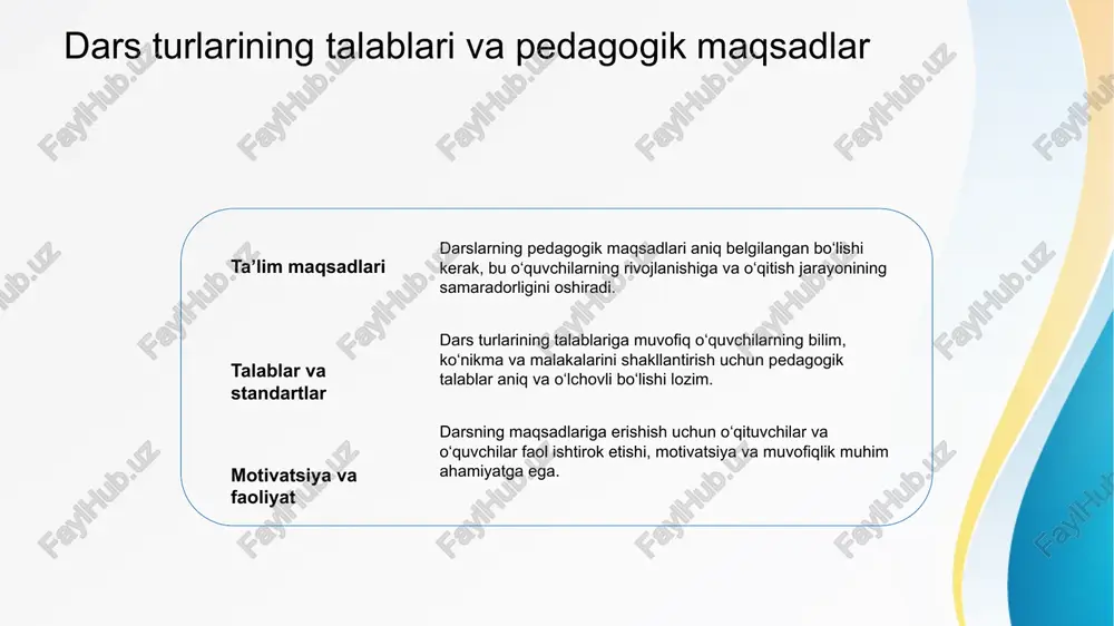 jakda sifatli ta’limni ta’minlaydi. yangi pedagogik metodlar va standartlarning amaliy qo‘llanilishi 1 innovatsion pedagogika yangi pedagogik metodlar tanlangan ta’lim jarayonini interaktiv va moslashuvchan qilishga yordam beradi, o‘quvchilarning qiziqishini oshiradi va o‘quv natijalarini yaxshilaydi. 2 standartlar va qoidalar zamonaviy ta’lim standartlari va metodik qoidalar o‘quvchilarning bilim va ko‘nikmalarini baholashda adolatli va aniq mezonlarni ta’minlaydi, pedagogik jarayonni nazorat qiladi. 3 texnologik integratsiya raqamli texnologiyalar va onlayn platformalar yordamida yangi metodlarni amalda qo‘llash ta’limni yanada samarali, qulay va zamonaviy qilish imkonini beradi. o'zbekiston ta’lim tizimida tashkil etish jarayonlarining asosiy bosqichlari tashkil etish bosqichlari o'zbekiston ta’lim tizimida tashkil etish jarayonlari bosqichma-bosqich amalga oshiriladi, bu jarayonlar strategik rejalashtirishdan boshlanadi. rejalashtirish va tahlil bu bosqichda edukatsiya maqsadlari, resurslar va ehtiyojlar aniqlanadi, shuningdek, tizimning muhim rivojlanish yo‘nalishlari belgilab olinadi. ijro va nazorat tashkil etish jarayonlarining amaliy bosqichida resurslar taqsimlanadi, pedagogik standartlar joriy qilinadi va doimiy nazorat o‘tkaziladi. takomillashtirish va rivojlanish olingan natijalar tahlil qilinib, muammolar aniqlanadi, va …