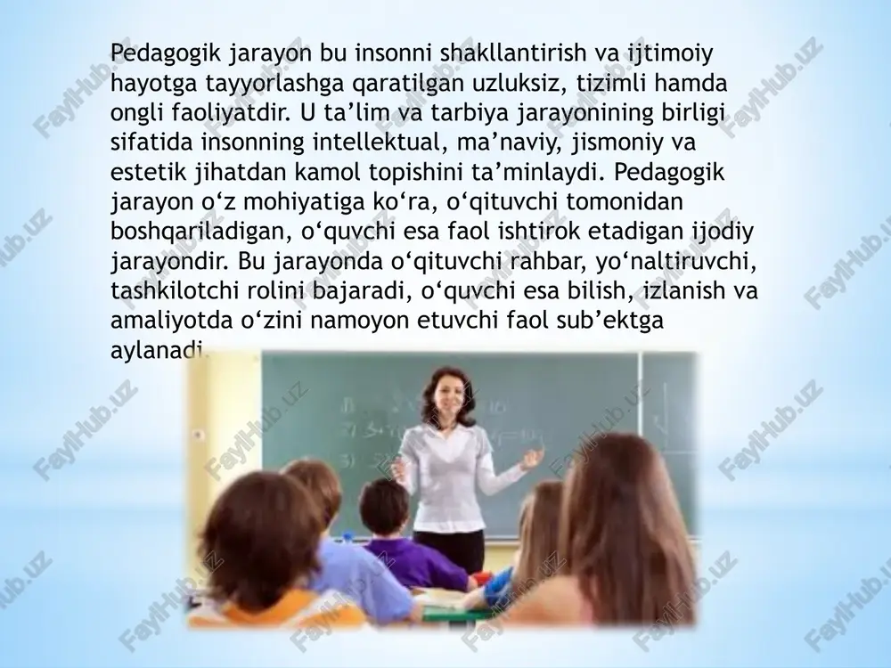 iyati, qiziqishlari va ehtiyojlari inobatga olinadi. o‘qituvchi ta’lim jarayonini shunday tashkil etadiki, unda har bir o‘quvchi o‘z imkoniyatlarini namoyon etish imkoniga ega bo‘ladi. umuman olganda, pedagogik jarayon tamoyillari o‘qituvchi faoliyatining ilmiy, metodik va ma’naviy asosini tashkil etadi. ular ta’lim sifatini oshirish, o‘quvchilarni ongli, mustaqil, ijodkor va mas’uliyatli shaxs sifatida tarbiyalashda muhim ahamiyatga ega. tamoyillarga tayanib tashkil etilgan pedagogik jarayon har tomonlama yetuk, milliy va umuminsoniy qadriyatlarga sodiq yoshlarni voyaga yetkazishga xizmat qiladi. e’tiboringiz uchun rahmat! image7.png image8.png image9.png image10.png image11.jpeg image12.png image13.png image14.png image15.png image16.png image17.png image18.jpeg image19.png image20.png image3.jpeg image4.png /docprops/thumbnail.jpeg