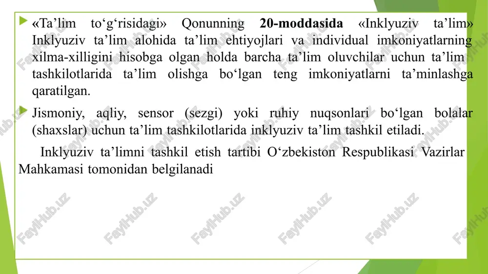 ksion fanlar tayanch - harakatida nuqsoni bo‘lgan bolalar «davolovchi gimnastika», «logopediya», «ritmika» kabi mashg‘ulotlar, mutaxasislar tomonidan alohida jihozlangan xonalarda maxsus dasturlar asosida individual va guruhlarda o‘tkaziladi. yordamchi maktab o‘quvchilari uchun «mehnat nutq o‘stirish», «logopediya», «davolovchi gimnastikasi» «mehnat» korreksion fanlari o‘tiladi. ularni o‘qitish va korreksiyalash uchun zarur bo‘lgan yordamchi vositalar, ko‘rgazma qurollari qo‘llaniladi maxsus ta’limning ijobiy tomonlari shundaki: ta’lim muassasalarida kompleks tibbiy-pedagogik yordam ko‘rsatilib, ular to‘liq davlat ta’minotida bo‘ladilar; defektolog pedagoglar bolalarning maxsus ehtiyojlarini to‘liq qondirish maqsadida korreksion-rivojlantiruvchi ishlarni amalga oshiradilar; o‘quvchilar, tarbiyalanuvchilar maxsus o‘quv dasturi, darslik o‘quv- metodik va texnik vositalardan foydalanish imkoniyatiga ega bo‘ladilar; - sinflarda o‘quvchilar soni 12-16 nafardan oshmaydi va individual yondashuvni to‘liq amalga oshirish imkoni mavjud; darsdan oldin va darsdan keyin tevarak-atrofda yo‘naltirish, nutqiy maxsus muloqotni shakllantirish, o‘z-o‘ziga xizmat ko‘rsatish kabi ko‘nikmalarni shakllanishi uchun qulay sharoitlar yaratilgan; integratsilashgan ta’lim va inklyuziv ta’lim o‘rtasidagi farqlar biroq inklyuziv ta’limning mazmun mohiyati to‘g‘risidagi bilim va va «integratsiyalashgan» ma’lumotlar hali …