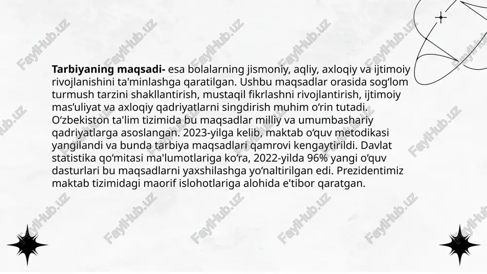 amoyillari — bu tarbiyaviy jarayonni tashkil etishda o‘qituvchi (yoki tarbiyachi) amal qiladigan asosiy qonuniyatlar, yo‘nalishlar va talablar majmuasidir. ular tarbiya jarayonini to‘g‘ri yo‘lga qo‘yish, uni samarali va insonparvar qilish uchun zarur. 1.ma’lum maqsadga yo‘naltirilganlik tamoyili har qanday tarbiya aniq maqsadga qaratilgan bo‘lishi lozim. maqsad — qanday insonni tarbiyalash kerakligini belgilaydi. masalan: “vatanparvar, halol, mas’uliyatli yoshni tarbiyalash.” 2. hayot bilan, amaliyot bilan bog‘liqlik tamoyili tarbiya hayotdan ajralmagan bo‘lishi kerak. o‘quvchilar hayotiy misollar, real voqealar orqali tarbiyalanadi. masalan: o‘quvchilar ekologik aksiyalarda, jamoat ishlarida qatnashib, amalda odob va mas’uliyatni o‘rganadi. 3. tarbiyaning xalqchillik tamoyili tarbiya xalqning milliy qadriyatlari, an’analari va urf-odatlariga tayangan holda olib boriladi. masalan: ota-onaga hurmat, kattaga izzat, kichikka izzat qadriyatlarini targ‘ib etish. 12 4. tarbiyaning izchilligi va tizimliligi tamoyili tarbiya jarayoni bosqichma-bosqich, uzluksiz olib boriladi. oilada, maktabda, jamoada beriladigan tarbiya bir-birini to‘ldirib boradi. masalan: maktabda o‘rgatilgan odob qoidalari oilada mustahkamlanadi. 5. shaxsga individual yondashuv tamoyili har bir bola o‘ziga xos …