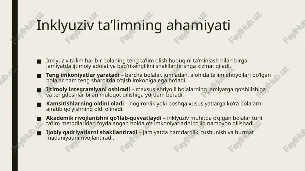 l yordamlar – rasm, jadval va grafik organayzerlardan foydalanish. ota-onalar va jamoatchilikning roli ota-onalar – bolalarning rivojlanishida asosiy rol o‘ynaydi, ularga psixologik qo‘llab-quvvatlash va uy sharoitida ta’lim jarayoniga yordam berish muhim. maktab va ota-onalar hamkorligi – farzandlari uchun qulay ta’lim muhitini yaratishda ota-onalar va pedagoglar birgalikda ishlashi kerak. jamoatchilik ishtiroki – nogironligi bo‘lgan bolalarni jamiyatga integratsiya qilishda turli tashkilotlar va volontyorlar muhim ahamiyatga ega. ijtimoiy ongni oshirish – inklyuziv ta’limning ahamiyatini tushuntirish va kamsitishlarning oldini olish uchun targ‘ibot ishlari olib borish zarur. o‘quv muassasalarida inklyuziv muhit yaratish jismoniy moslashuv – nogironligi bo‘lgan bolalar uchun panduslar, liftlar va maxsus o‘quv jihozlarini ta’minlash. pedagogik yondashuv – maxsus ehtiyojli bolalar bilan ishlash bo‘yicha o‘qituvchilarni tayyorlash va qo‘llab-quvvatlash. psixologik qo‘llab-quvvatlash – maxsus pedagoglar va psixologlar tomonidan bolalar va ularning oilalariga yordam ko‘rsatish. ijtimoiy muhit – tengdoshlar o‘rtasida bag‘rikenglik va tushunishni rivojlantirish uchun maxsus dasturlar va mashg‘ulotlar tashkil qilish. inklyuziv ta’limni amaliyotga tatbiq qilishda muammolar …