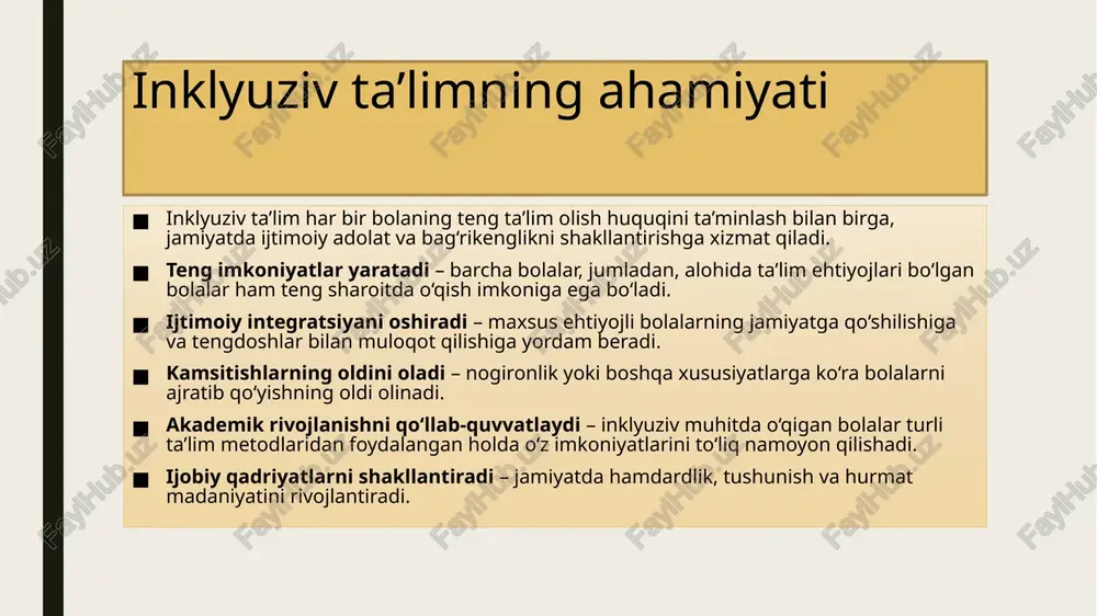 l yordamlar – rasm, jadval va grafik organayzerlardan foydalanish. ota-onalar va jamoatchilikning roli ota-onalar – bolalarning rivojlanishida asosiy rol o‘ynaydi, ularga psixologik qo‘llab-quvvatlash va uy sharoitida ta’lim jarayoniga yordam berish muhim. maktab va ota-onalar hamkorligi – farzandlari uchun qulay ta’lim muhitini yaratishda ota-onalar va pedagoglar birgalikda ishlashi kerak. jamoatchilik ishtiroki – nogironligi bo‘lgan bolalarni jamiyatga integratsiya qilishda turli tashkilotlar va volontyorlar muhim ahamiyatga ega. ijtimoiy ongni oshirish – inklyuziv ta’limning ahamiyatini tushuntirish va kamsitishlarning oldini olish uchun targ‘ibot ishlari olib borish zarur. o‘quv muassasalarida inklyuziv muhit yaratish jismoniy moslashuv – nogironligi bo‘lgan bolalar uchun panduslar, liftlar va maxsus o‘quv jihozlarini ta’minlash. pedagogik yondashuv – maxsus ehtiyojli bolalar bilan ishlash bo‘yicha o‘qituvchilarni tayyorlash va qo‘llab-quvvatlash. psixologik qo‘llab-quvvatlash – maxsus pedagoglar va psixologlar tomonidan bolalar va ularning oilalariga yordam ko‘rsatish. ijtimoiy muhit – tengdoshlar o‘rtasida bag‘rikenglik va tushunishni rivojlantirish uchun maxsus dasturlar va mashg‘ulotlar tashkil qilish. inklyuziv ta’limni amaliyotga tatbiq qilishda muammolar …
