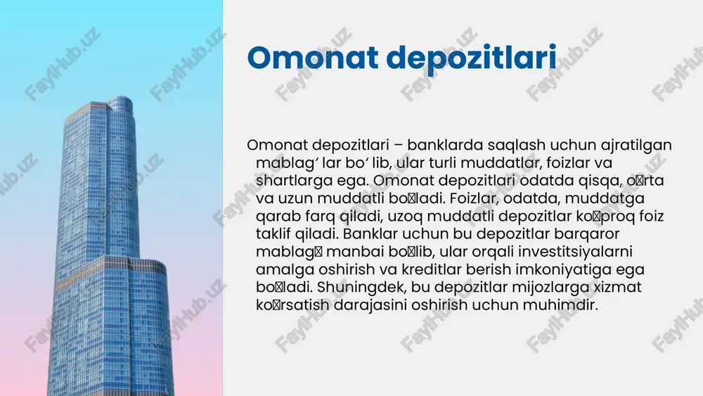 galteriya hisobi asoslari buxgalteriya hisobi tushunchasi bank faoliyatida muhim ahamiyatga ega. bu, moliyaviy ma'lumotlarni to'plash, tasniflash va tahlil qilish jarayonidir. banklarda depozit operatsiyalari doirasida buxgalteriya hisobi, depozitlar va ularning hisobga olinishi, shuningdek, bu jarayonda qo'llaniladigan asosiy tamoyillarni o'z ichiga oladi. depozit operatsiyalarini hisobga olishda buxgalteriya hisobi quyidagicha ishlaydi: har bir depozit operatsiyasi hisobda qayd etiladi, va bu jarayon asosida bankning moliyaviy holati tahlil qilinadi. masalan, depozit qo'yilishi yoki yechib olinishi kabi operatsiyalar bankning balansida ko'rsatiladi. muqim terminlar: - depozit: mijoz tomonidan bankka qo'yilgan mablag'. - hisobga olish: moliya operatsiyalarini rasmiy qayd etish jarayoni. - balans: bankning moliyaviy holatini ko'rsatuvchi hisobot. ushbu terminlar depozit operatsiyalarining buxgalteriya hisobi jarayonida muhim o'rin tutadi va bu jarayonni yaxshiroq tushunishga yordam beradi. depozit operatsiyalarining hisobotlari - depozit operatsiyalarini aks ettirish uchun turli hisobot turlari mavjud. ular orasida moliyaviy va statistik hisobotlar muhim o'rin tutadi. moliyaviy hisobotlar, odatda, bankning moliyaviy holatini ko'rsatadi, statistik hisobotlar esa ma'lumotlarni …