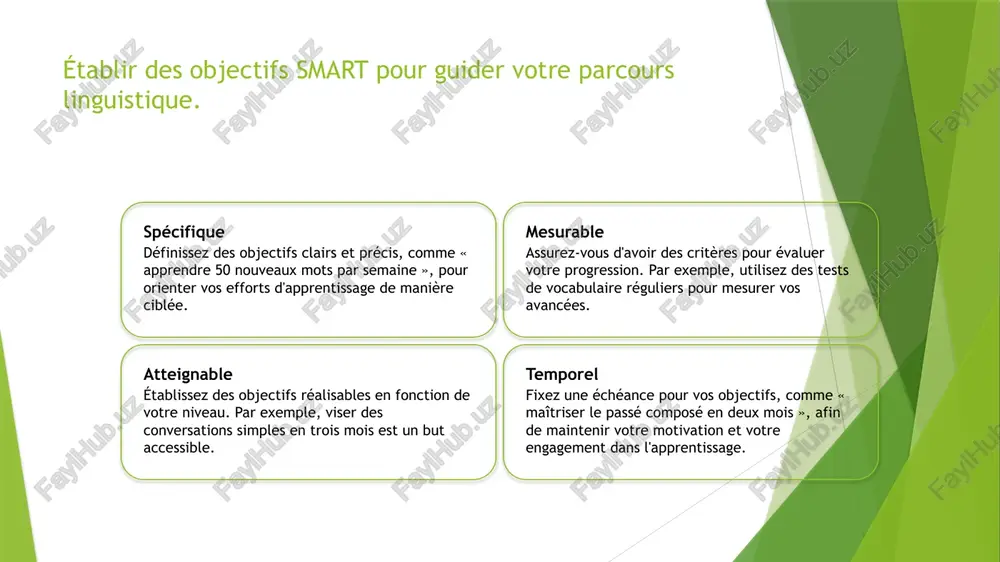 , bien éclairé et organisé stimule l'engagement dans l'apprentissage. ressources variées diversifier les ressources d'apprentissage, telles que livres, applications et vidéos, maintient l'intérêt. cela permet d'explorer différents aspects de la langue et de la culture. communauté d'apprentissage rejoindre des groupes d'apprentissage ou des forums en ligne encourage les échanges et la pratique. le soutien mutuel renforce la motivation et l'autonomie dans l'apprentissage. intégration des éléments culturels dans l'apprentissage des langues. 1 importance culturelle l'intégration de la culture dans l'apprentissage des langues enrichit la compréhension et la motivation, permettant d'appréhender les nuances et contextes de la langue cible. 2 ressources culturelles utiliser des films, musiques et livres de la culture cible expose les apprenants à des expressions idiomatiques et à des références culturelles, facilitant l'acquisition linguistique. 3 pratiques interculturelles participer à des échanges linguistiques ou des événements culturels encourage la pratique orale et permet d'expérimenter la langue dans un contexte authentique, …