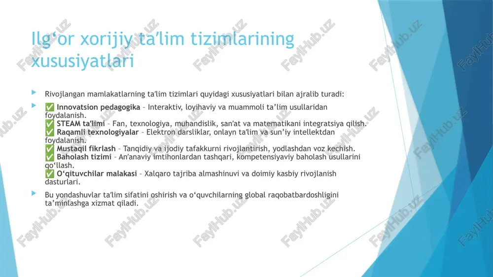 aqsh modeli erkin tanlov va ijodiy rivojlanishga asoslangan bo‘lib, talabalarni innovatsiyalar yaratishga yo‘naltiradi. xitoy taʼlim tizimi xitoy taʼlim tizimi intizom va yuqori natijadorlik bilan ajralib turadi: ✅ qattiq intizom va raqobat – o‘quvchilar bilim olishga jiddiy yondashadi, katta bosim ostida o‘qiydi. ✅ gaokao imtihoni – universitetga kirish uchun eng muhim va murakkab imtihonlardan biri. ✅ fan va texnologiyaga urg‘u – stem yo‘nalishlari bo‘yicha yetakchi davlatlardan biri. ✅ an’anaviy va innovatsion yondashuv – xitoy qadriyatlari bilan zamonaviy taʼlim metodlari uyg‘unlashtirilgan. ✅ raqamli texnologiyalarni keng qo‘llash – sun’iy intellekt va onlayn taʼlim platformalaridan foydalanish. xitoy modeli yuqori natijalar va jiddiy mehnat orqali bilimli avlodni yetishtirishga qaratilgan. xorijiy tajribalarni o‘zbekistonga tatbiq etish imkoniyatlari o‘zbekiston taʼlim tizimini rivojlantirish uchun ilg‘or xorijiy tajribalarni moslashtirish muhim. quyidagi yo‘nalishlar samarali bo‘lishi mumkin: ✅ steam va innovatsion taʼlimni kengaytirish – singapur va aqsh tajribasi asosida amaliy va kreativ yondashuvlarni tatbiq etish. ✅ dual taʼlim tizimini joriy etish – …