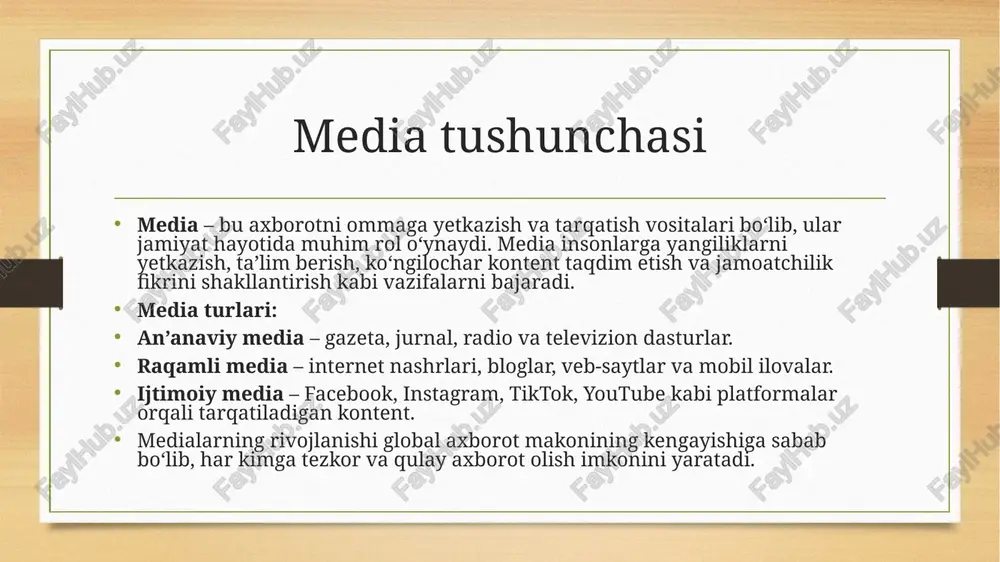 uhlar haqida noto‘g‘ri fikrlarni kuchaytirish. axborot ortiqchaligi (informatsion stress) – haddan tashqari ko‘p ma’lumot oqimi odamlarni charchatishi va stressga olib kelishi mumkin. shaxsiy daxlsizlikning buzilishi – foydalanuvchilarning shaxsiy ma’lumotlari noqonuniy ishlatilishi va kuzatuv ostida bo‘lishi. zo‘ravonlik va agressiyani targ‘ib qilish – ba’zi kontentlar orqali odamlar orasida tajovuz va jinoyatchilikni rag‘batlantirish. ijtimoiy aloqalarning zaiflashishi – odamlar o‘z vaqtining ko‘p qismini onlayn o‘tkazib, real hayotdagi muloqotdan uzoqlashishi. giyohvandlik (media addiction) – ijtimoiy tarmoqlarga qaramlik, doimiy axborot iste’moli natijasida produktivlikning pasayishi. tsenzura va so‘z erkinligi so‘z erkinligi – har bir insonning fikr bildirish va axborot tarqatish huquqi. tsenzura – hukumat yoki tashkilotlar tomonidan axborotni nazorat qilish va cheklash. ijobiy jihatlar – zo‘ravonlik va nafrat targ‘ibotini oldini olish. salbiy jihatlar – mustaqil fikrlashni cheklash va haqiqatni yashirish. muvozanat – so‘z erkinligi va axborot xavfsizligi o‘rtasidagi adolatli yo‘lni topish muhim. medialarning siyosiy ta’siri jamoatchilik fikrini shakllantirish – saylovlar, qonunlar va siyosiy jarayonlarga ta’sir qiladi. propaganda …