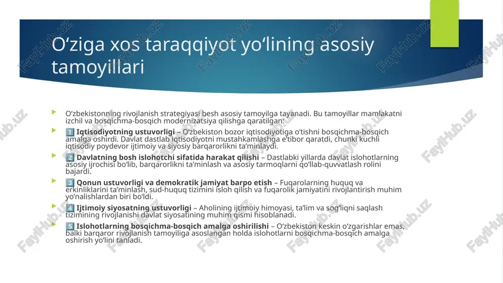 ʻnalishlar: ta’lim va sog‘liqni saqlashni rivojlantirish – maktab va universitetlar sonini oshirish, tibbiyot xizmatlarini yaxshilash. bandlik va ish o‘rinlarini yaratish – yangi ish joylari tashkil etish va yoshlar bandligini oshirish. aholining ijtimoiy himoyasi – kam ta’minlangan oilalar, nogironlar va nafaqaxo‘rlarni qo‘llab-quvvatlash. uy-joy va infratuzilmani yaxshilash – arzon uy-joy dasturlari va qishloq hududlarini rivojlantirish. bu islohotlar aholining turmush darajasini oshirish va ijtimoiy barqarorlikni ta’minlashga xizmat qilmoqda. ta’lim va fan rivoji oʻzbekistonda ta’lim va fan rivojiga katta e’tibor berilib, zamonaviy bilim va innovatsiyalarni joriy etish ishlari olib borilmoqda: maktab va oliy ta’lim tizimini isloh qilish – yangi maktablar, universitetlar ochish, zamonaviy darsliklar joriy etish. xalqaro hamkorlik – nufuzli xorijiy universitetlar filiallarini ochish, talabalar almashinuv dasturlari. ilmiy tadqiqotlar va innovatsiyalar – ilmiy markazlar faoliyatini kengaytirish, yosh olimlarni qo‘llab-quvvatlash. kasb-hunar ta’limi – zamonaviy kasb-hunar markazlari tashkil etish, mehnat bozoriga mos kadrlar tayyorlash. bu islohotlar ta’lim sifatini oshirish va zamonaviy bilimlarga ega avlodni shakllantirishga xizmat …