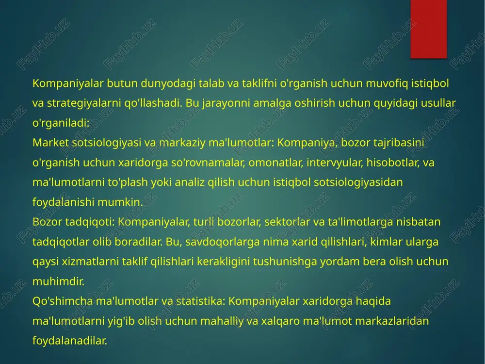ar arasindagi munosabatlar va ularga aloqador bo'lgan mohiyati yoki miqdorlari haqida kichikroq tushunchalar quyidagilardir: iste'molchilar (consumers): iste'molchilar, mahsulotlar va xizmatlarni sotib olish, iste'mol qilish, va tijorat tizimi bilan aloqa o'rnatish yoki bu haqda o'ylashni ma'noni ifodalaydi. ularning talablari, mahsulot va xizmatlar uchun narxni va miqdorni taqdim etadi. agar iste'molchilar mahsulotni ko'proq talab qilsa, mahsulot narxi oshishi mumkin. ishlab chiqaruvchilar (producers): ishlab chiqaruvchilar, mahsulotlar va xizmatlar ishlab chiqarish va taklif etish bilan shug'ullanadi. ularning muhim vazifalari, iste'molchilar uchun talablarni qondirish va mahsulotlarni sotishdir. ishlab chiqaruvchilar talabni aniqlash uchun bozor tadqiqotlari va marketing strategiyalari ishlatadilar. 9 bozor samaradorligi (market efficiency): bozor samaradorligi, bozor tizimining o'z ichiga olish, sotish va mahsulotlar uchun narxning to'g'ri urinishi haqida ma'lumot beradi. samarador bozor, mahsulot va xizmatlar uchun o'zgaruvchanliklar, narxning o'zgarishlari va bu o'zgarishlarga tez va samarador ta'kidlash imkoniyatini ta'minlashi kerak. bozor samaradorligi talab va taklifni o'zaro bog'liq va barqaror o'rganish uchun muhimdir. iste'molchilar, ishlab chiqaruvchilar va …
