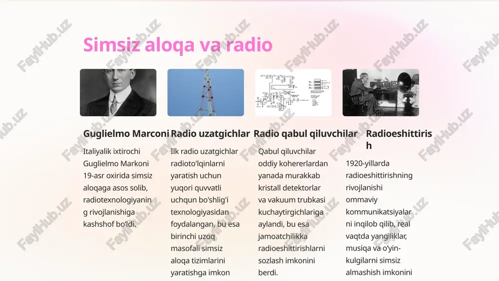 resurslarini ta'minladi. ijtimoiy tarmoq ijtimoiy media platformalari raqamli asrda qanday muloqot qilishimiz, ma'lumot almashishimiz va jamoalar qurishimizning ajralmas qismiga aylandi. 9 birinchi avlod kommunikatsiyalari merosi telegrafdan tortib analog telefoniya va radiogacha bo'lgan dastlabki aloqa tizimlari zamonaviy raqamli asrga asos soldi. ushbu ilg'or texnologiyalar shaharlararo aloqaning yangi chegaralarini ochib, bugungi kunda biz bahramand bo'layotgan uzluksiz global ulanish uchun zamin yaratdi. ularning ta'siri bizni muloqot qilish, ma'lumotlarga kirish va uzoq masofalar bo'ylab bir-birimiz bilan bog'lanish usullarini shakllantirib boraveradi. 10 image1.png image2.png image3.png image4.png image5.png image6.png image7.png image8.png image9.png image10.png image11.png image12.png image13.png