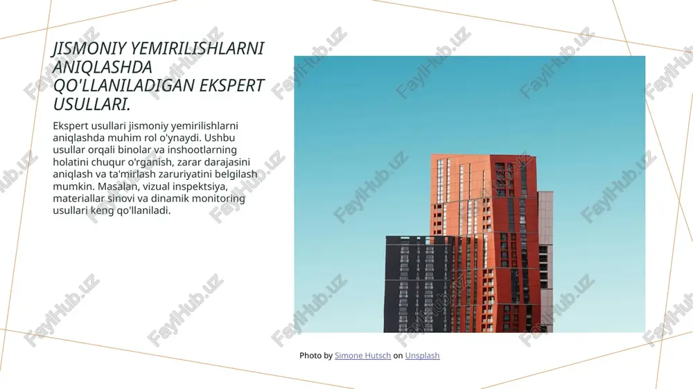 qartiradi. tashqi muhit ta'sirida jismoniy yemirilish jarayoni. tashqi muhit ta'siri jismoniy yemirilish jarayonini tezlashtiradi. iqlim o'zgarishlari, namlik, va kimyoviy moddalar binolarning materiallari bilan o'zaro ta'sir qiladi. bular natijasida materiallar zaiflashadi va tuzilmalarning barqarorligi kamayadi. shuning uchun, muntazam monitoring va ekspert baholash muhimdir. photo by maxx miller on unsplash bino ichidagi yemirilish belgilari: eshik va derazalar. 1 eshiklardagi yemirilish eshiklar ochilish va yopilish jarayonida mexanik ziyonlarga duchor bo'lishi mumkin, bu esa qoplama va mexanizmlarning yemirilishiga olib keladi. 2 derazalardagi muammolar derazalar qoplamasi va ramkalarida parchalanish va korroziya belgilari ko'rinadi, bu esa izolyatsiya va xavfsizlikka ta'sir qiladi. 3 ta'mirlash usullari eshik va derazalardagi yemirilishlarni ta'mirlash uchun sifatli materiallardan foydalanish va mutaxassislar tomonidan baholash zaruriydir. yemirilishning texnik bahosi: normativ talablar va standartlar. normativ talablar bino va inshootlar uchun normativ talablar, ularning jismoniy yemirilishini baholashda asosiy me'yorlarni belgilaydi, xavfsizlik va sifatni ta'minlaydi. texnik standartlar texnik standartlar, binolarning yemirilish darajasini aniqlashda qo'llaniladigan usullar va kriteriyalarni …