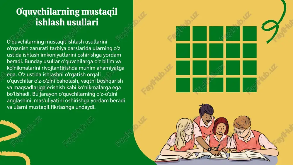 'ulotlar orqali o'z qobiliyatlarini sinab ko'radilar va yangi ko'nikmalarni o'rganadilar, bu ularning o'z-o'ziga ishonchlarini oshiradi. o'qituvchilar uchun amaliy mashg'ulotlarni rejalashtirish juda muhimdir, chunki bu jarayon o'quvchilarning ehtiyojlarini inobatga olish, dastur mazmunini moslashtirish va darslarni yanada qiziqarli va samarali qilish imkonini beradi. o'qituvchilar sifatida biz o'quvchilarning ijtimoiy va emosional rivojlanishini qo'llab-quvvatlashimiz kerak. amaliy mashg'ulotlar turlari guruhda ishlash guruhda ishlash o'quvchilarga bir-biridan o'rganish, fikr almashish va jamoa bo'lib ishlash imkonini beradi. bu usul kooperativ ta'limni rivojlantiradi va o'zaro yordamni oshiradi. individual ish individual ish o'quvchilarga o'z qobiliyatlarini rivojlantirish va mustaqil fikrlash ko'nikmalarini shakllantirish imkonini beradi. bu jarayonda har bir o'quvchi o'z bilim va tajribasidan foydalanadi. rol o'ynash va simulyatsiya rol o'ynash va simulyatsiya o'quvchilarga real hayotdagi vaziyatlarni tajriba qilish imkonini beradi. bu usul ijodiy fikrlash va muammolarni hal qilish ko'nikmalarini oshiradi. amaliy mashg'ulotlar jarayoni amaliy mashg'ulotlar jarayoni uchta asosiy bosqichdan iborat: dars davomida tayyorgarlik, mashg'ulotlar davomida o'quvchilarning faoliyati va natijalarni baholash. dars …