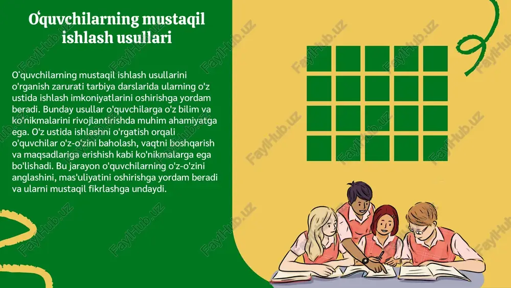 ashg'ulotlar o'quvchilarga nazariy bilimlarni amaliyotda qo'llash imkonini beradi, bu esa ularning o'z- o'zini anglash va ijtimoiy muhitda muvaffaqiyatli bo'lishlariga yordam beradi. o'quvchilar amaliy mashg'ulotlar orqali o'z qobiliyatlarini sinab ko'radilar va yangi ko'nikmalarni o'rganadilar, bu ularning o'z-o'ziga ishonchlarini oshiradi. o'qituvchilar uchun amaliy mashg'ulotlarni rejalashtirish juda muhimdir, chunki bu jarayon o'quvchilarning ehtiyojlarini inobatga olish, dastur mazmunini moslashtirish va darslarni yanada qiziqarli va samarali qilish imkonini beradi. o'qituvchilar sifatida biz o'quvchilarning ijtimoiy va emosional rivojlanishini qo'llab- quvvatlashimiz kerak. amaliy mashg'ulotlar turlari guruhda ishlash guruhda ishlash o'quvchilarga bir-biridan o'rganish, fikr almashish va jamoa bo'lib ishlash imkonini beradi. bu usul kooperativ ta'limni rivojlantiradi va o'zaro yordamni oshiradi. individual ish individual ish o'quvchilarga o'z qobiliyatlarini rivojlantirish va mustaqil fikrlash ko'nikmalarini shakllantirish imkonini beradi. bu jarayonda har bir o'quvchi o'z bilim va tajribasidan foydalanadi. rol o'ynash va simulyatsiya rol o'ynash va simulyatsiya o'quvchilarga real hayotdagi vaziyatlarni tajriba qilish imkonini beradi. bu usul ijodiy fikrlash va muammolarni hal …