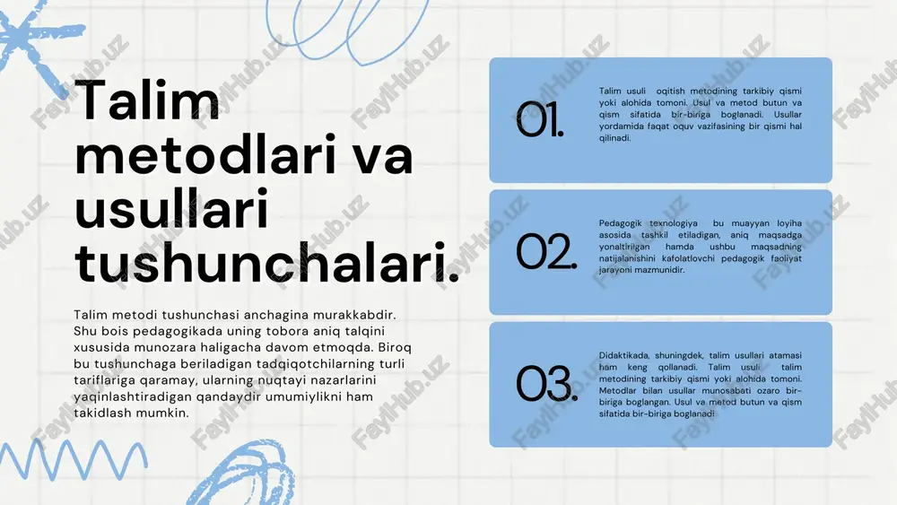 r qaratiladi, songra ichki tuzilishi yoki alohida xususiyatlarini organishga otiladi. >>>talim metodlarining mohiyati ta'lim metodlarini tanlashta'lim metodlarini tanlash pedagogika fanida, oqituvchilarning amaliy tajribasini organish va umumlashtirish asosida talim metodlarini tanlashga oquv tarbiya jarayonida kechayotgan shart-sharoitlar va aniq holatlarga bogliq muayyan yondashuvlar vujudga keladi. talim metodlarini tanlashda quyidagi holatlar inobatga olinishi lozim: talimning umumiy maqsadlari. fanning va organilayotgan mavzuning mazmuni hamda oziga xosliklari. biror fanni oqitish metodikasining oziga xosliklari. materialni organishga ajratilgan vaqt. oquv mashgulotining maqsadi, vazifalari va mazmuni. oquvchilarning yoshi va bilish imkoniyatlari. oquvchilarning tayyorgarlik darajasi. talim muassasasining moddiy taminlanganligi. oqituvchining nazariy, amaliy va metodik tayyorgarligi, pedagogik mahoratni egallaganlik darajasi. interfaol talim metodlari.interfaol talim metodlari. eviristik metodlar.eviristik metodlar. interfaol ta’lim metodlari-( lot. internus ichki, ozaro; ing.inter ozaro, ikki taraflama, akt harakat qilmoq, ish kormoq) talim jarayonida oquvchilar hamda oqituvchi ortasida hamkorlikni qaror toptirish, faollikni oshirish talim oluvchilar tomonidan bilimlarni samarali ozlashtirilishi,ularda shaxsiy sifatlarni rivojlantirishga xizmat qiladigan metodlar. zamonaviy sharoitda talim …