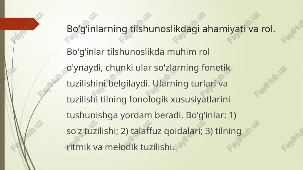 ochiq boʻgʻinlar, odatda, unli tovush bilan tugaydi, yopiq boʻgʻinlar esa undosh bilan. 2 ochiq boʻgʻinlar ochiq boʻgʻinlar, masalan, "koʻz", "yur", "oʻz" kabi, so'zda oxirgi tovush unli bo'lganda hosil bo'ladi. ular talaffuzda ancha ravonlik beradi. 3 yopiq boʻgʻinlar yopiq boʻgʻinlar "kitob", "dars", "yuz" kabi undosh tovush bilan tugaydigan bo'g'inlardir. ular so'zning qattiqligini oshiradi va o'ziga xos talaffuzni yaratadi. 4 boshqa boʻgʻin turlari boshqa bo'g'in turlari: bir bo'gʻinli ("oʻz"), ikki bo'gʻinli ("kitob"), uch bo'gʻinli ("tushun"). har bir tur o'ziga xos talaffuz va ma'no beradi. oʻzbek tili boʻgʻin strukturasining fonetik asoslari. boʻgʻin strukturasining ahamiyati oʻzbek tilidagi boʻgʻinlar tilning asosiy elementlaridan biri bo‘lib, ularning tuzilishi va joylashishi so‘zning ma'nosini aniqlaydi. boʻgʻinlarning fonetik xususiyatlari oʻzbek tilidagi boʻgʻinlar asosan ochiq va yopiq bo‘linmalardan iborat. ular tovushlarning o'zaro ta'siri orqali talaffuzda muhim rol o'ynaydi. boʻgʻin va talaffuz boʻgʻinlar talaffuz jarayonida ahamiyatlidir, chunki ular so'zning ritmini va melodiyasini shakllantiradi, bu esa nutqning aniq va tushunarli bo‘lishini ta'minlaydi. oʻzbek …